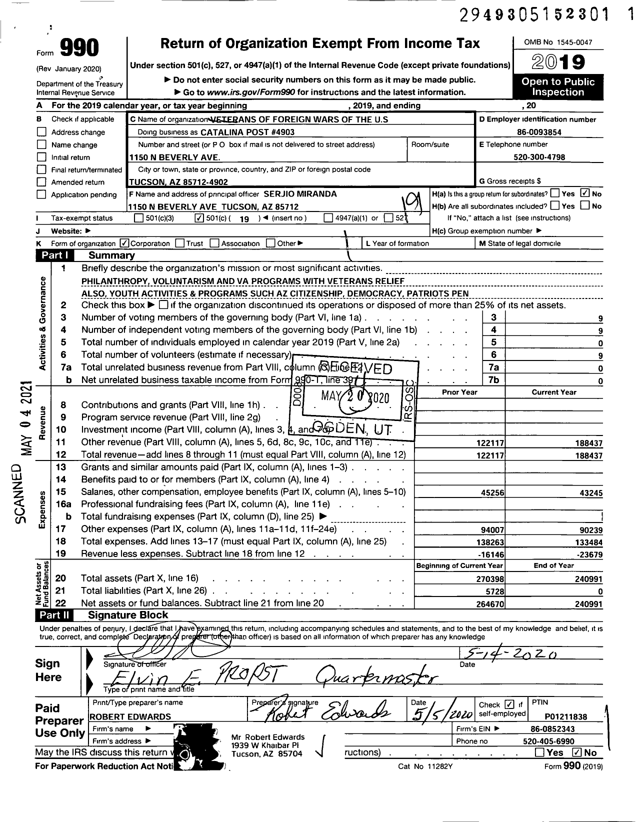 Image of first page of 2019 Form 990O for Veterans of Foreign Wars of Arizona - 4903 Catalina Post