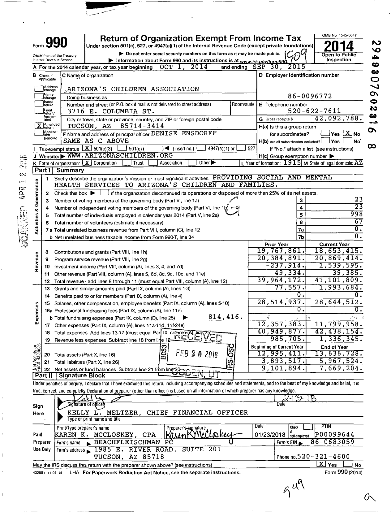Image of first page of 2014 Form 990 for ARIZONA'S Children Association