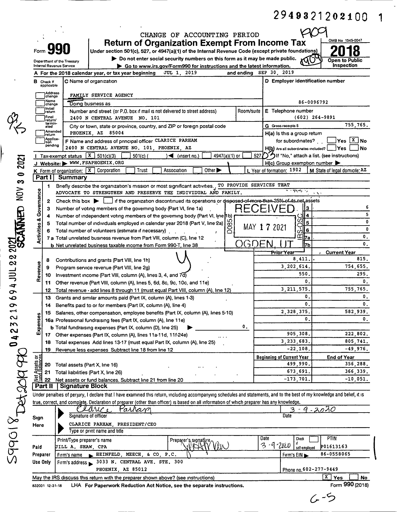 Image of first page of 2018 Form 990 for Family Service Agency