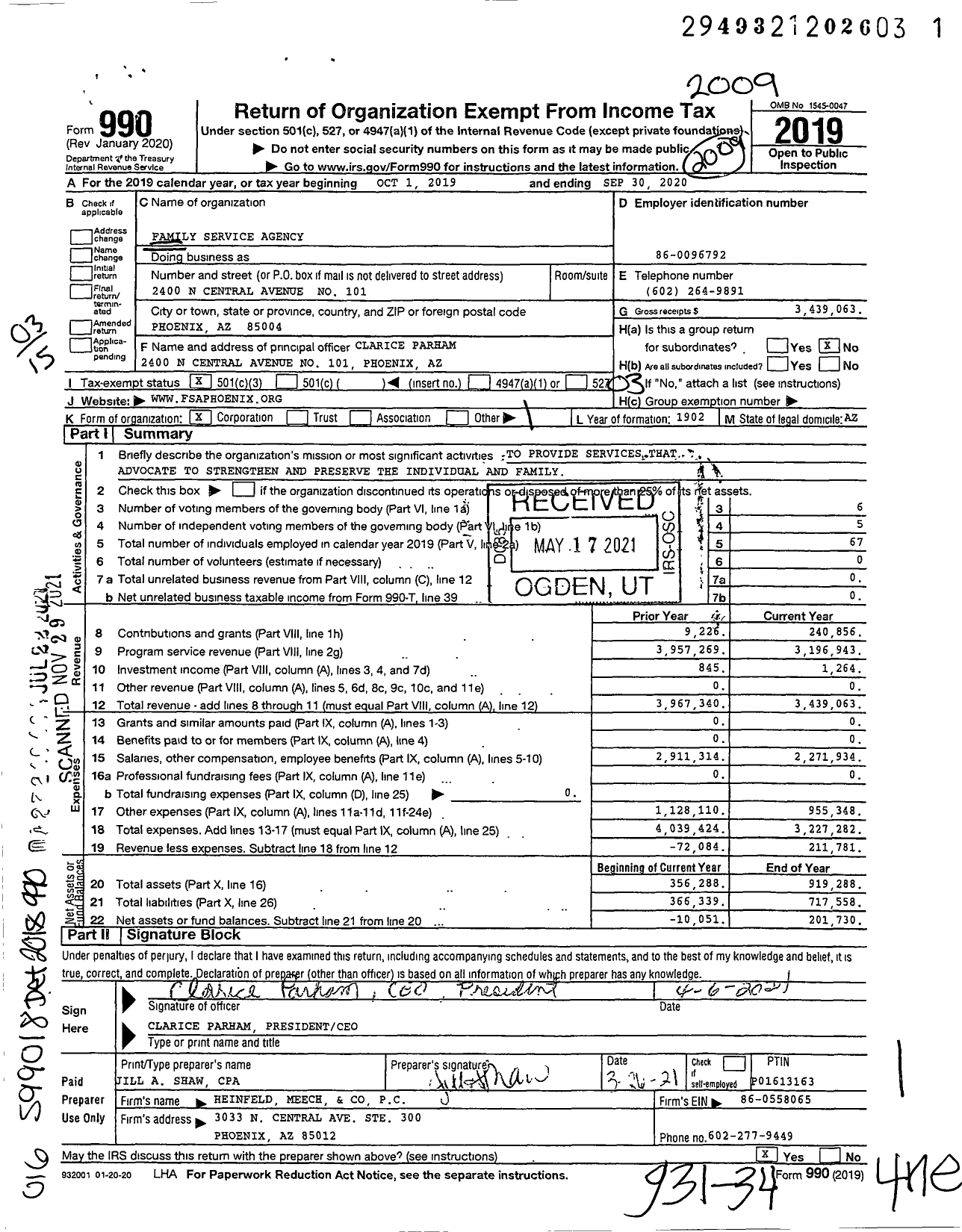 Image of first page of 2019 Form 990 for Family Service Agency