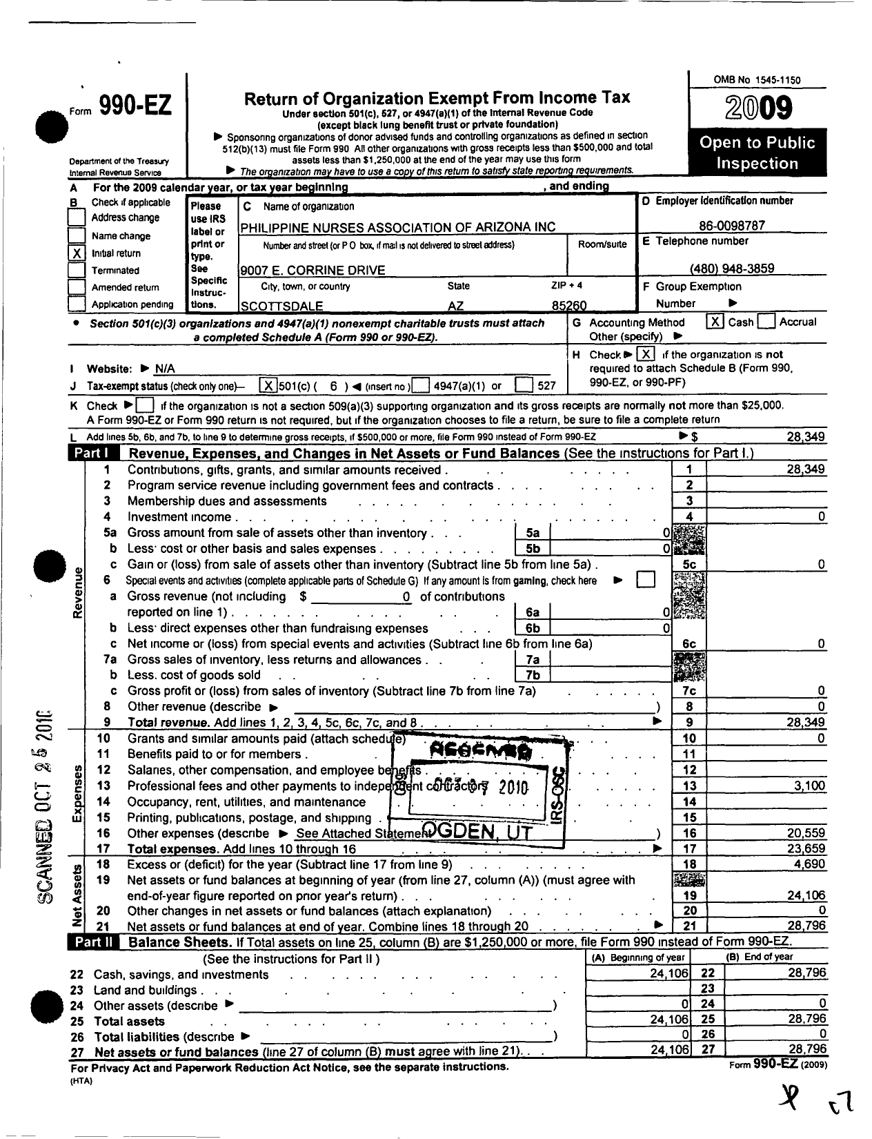 Image of first page of 2009 Form 990EO for Philippine Nurses Association of Arizona