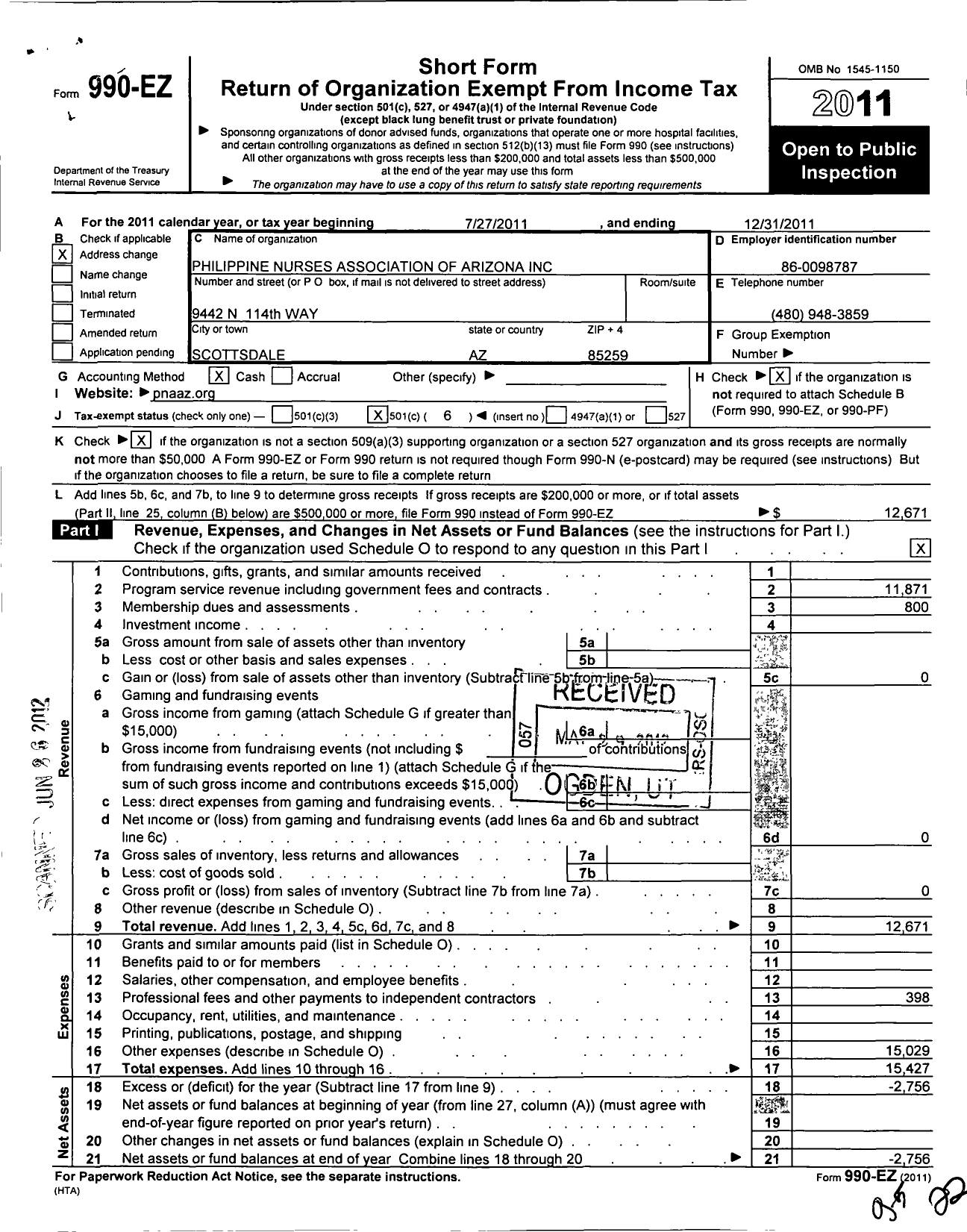 Image of first page of 2011 Form 990EO for Philippine Nurses Association of Arizona