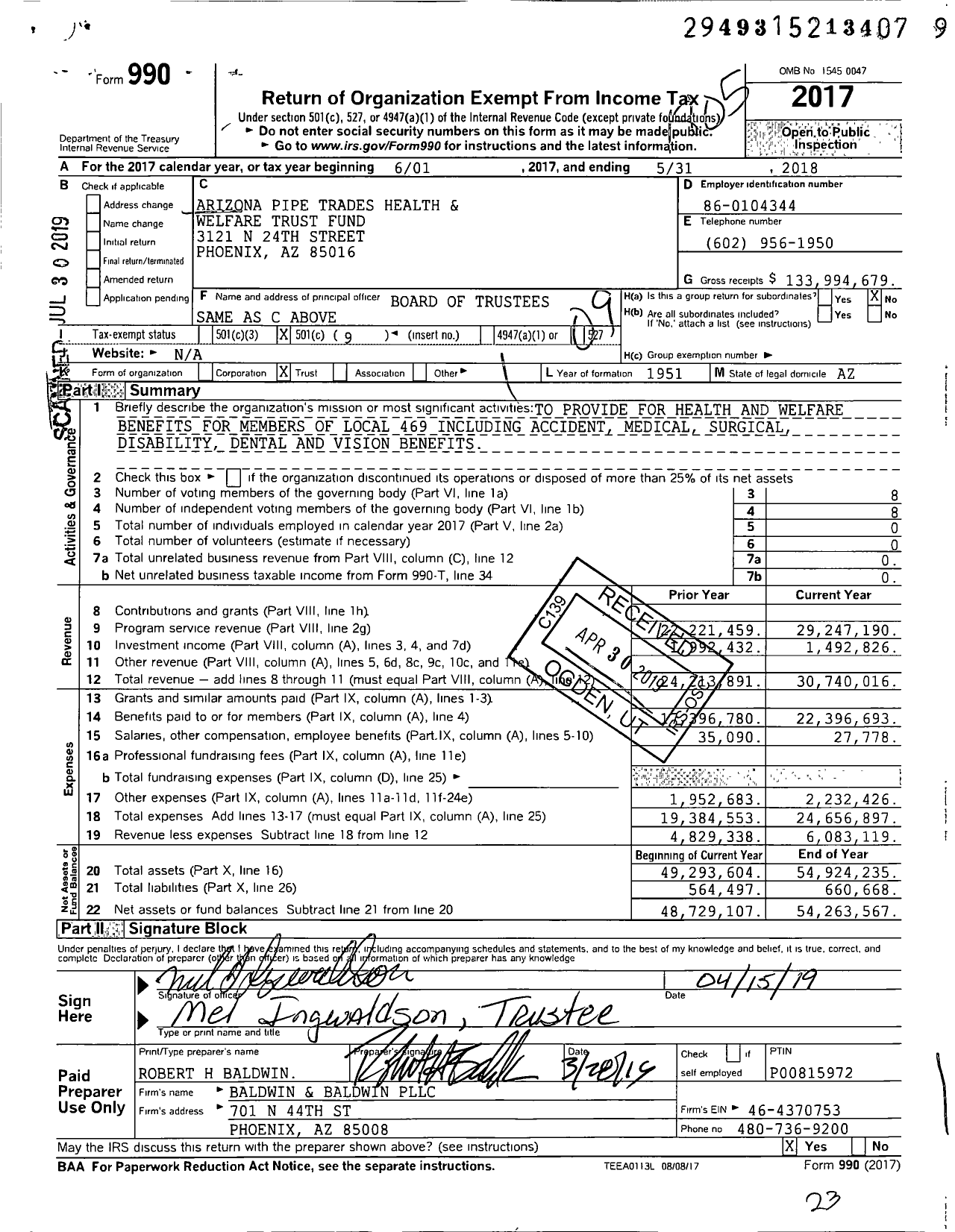 Image of first page of 2017 Form 990O for Arizona Pipe Trades Health & Welfare Trust Fund