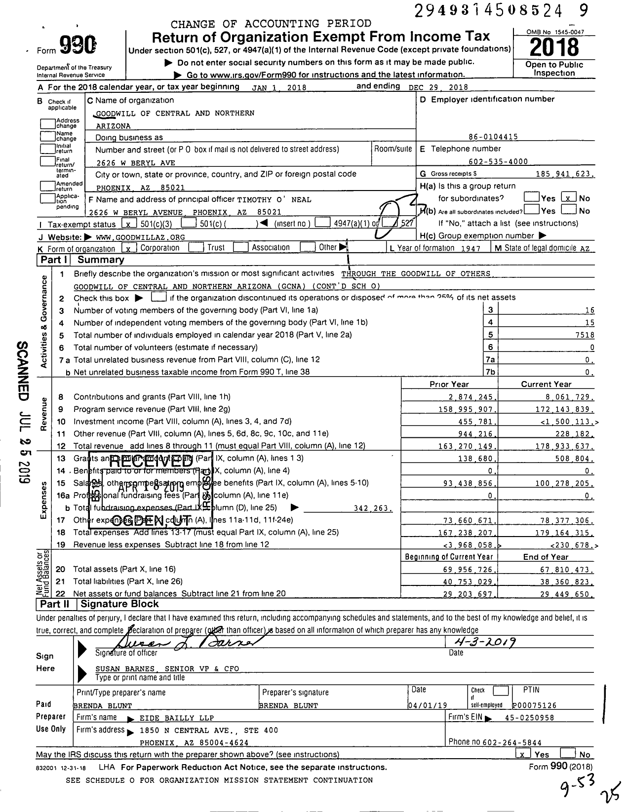Image of first page of 2018 Form 990 for Goodwill of Central and Northern Arizona