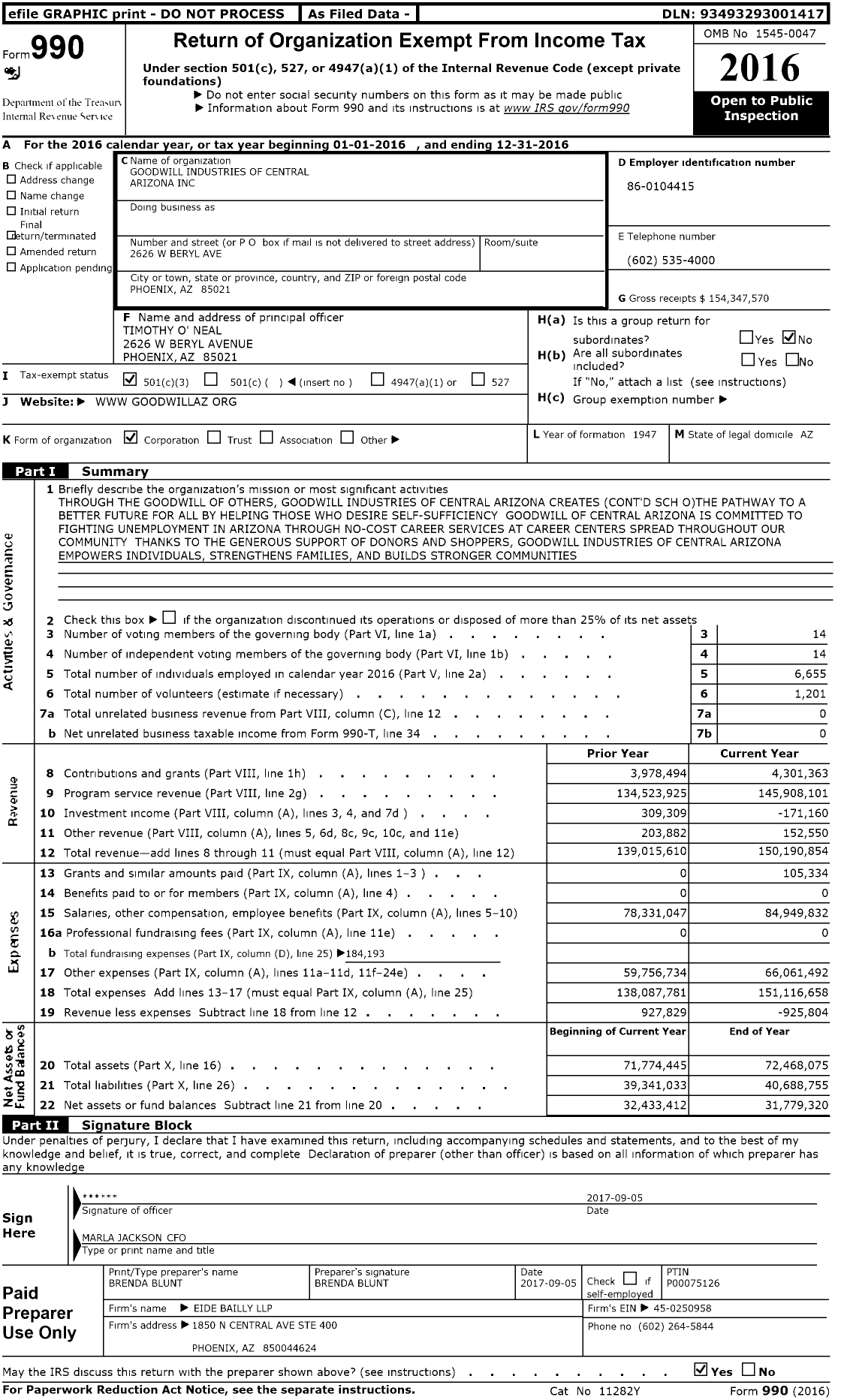 Image of first page of 2016 Form 990 for Goodwill of Central and Northern Arizona