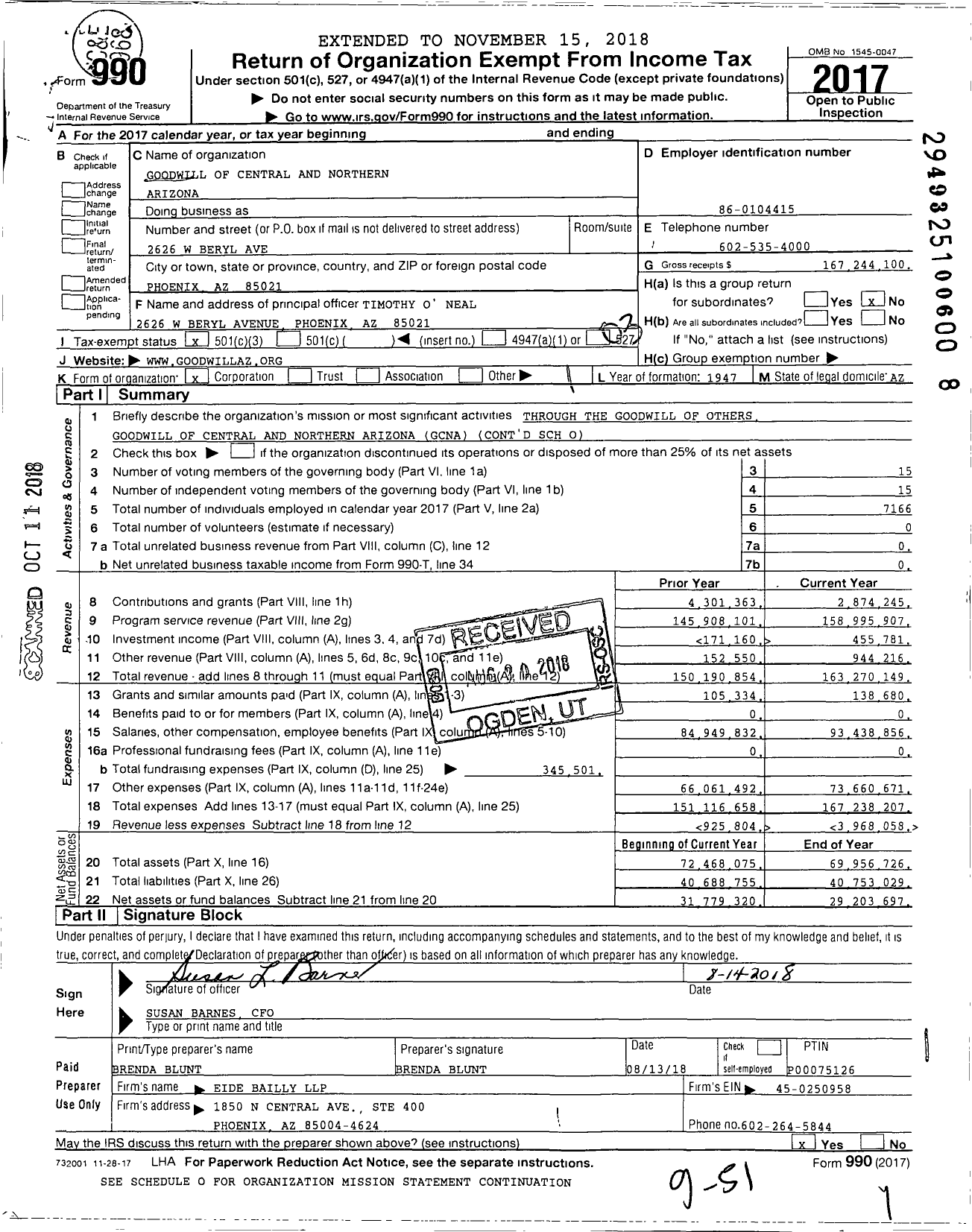 Image of first page of 2017 Form 990 for Goodwill of Central and Northern Arizona