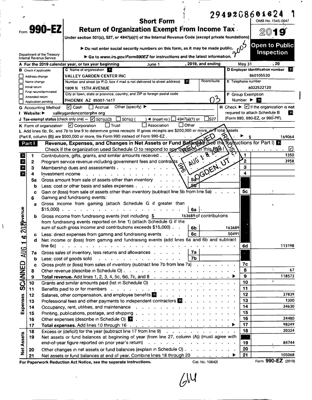 Image of first page of 2019 Form 990EZ for Valley Garden Center