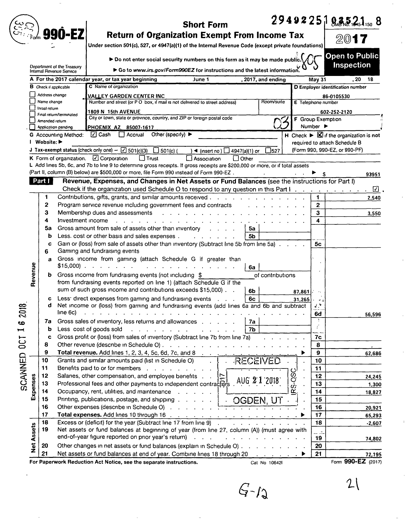 Image of first page of 2017 Form 990EZ for Valley Garden Center