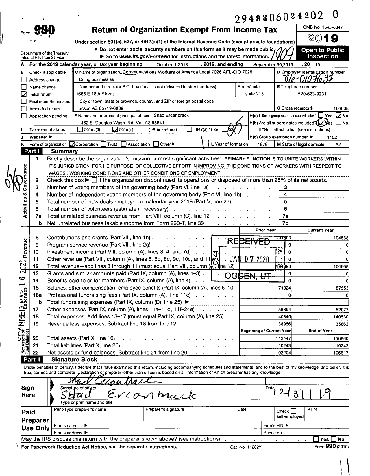 Image of first page of 2018 Form 990O for Communications Workers of America - AFL-CIO 7026