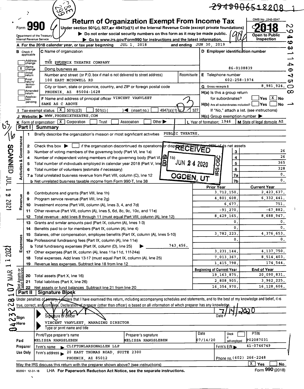 Image of first page of 2018 Form 990 for The Phoenix Theatre Company and Subsidiary
