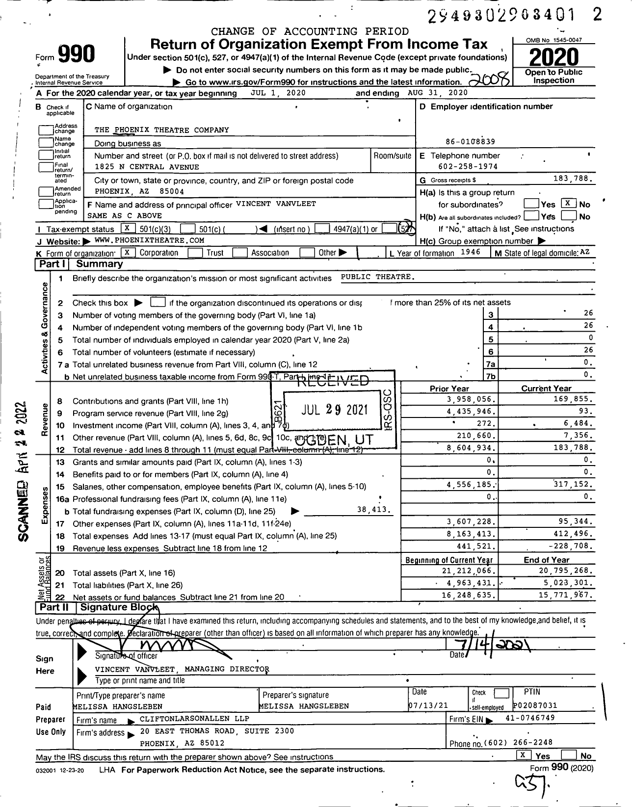 Image of first page of 2019 Form 990 for The Phoenix Theatre Company and Subsidiary
