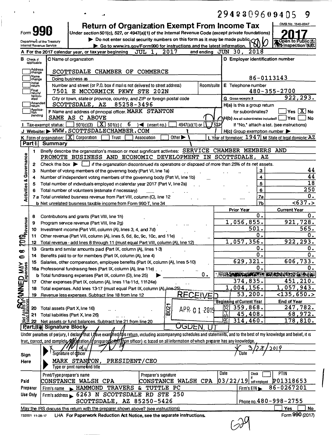 Image of first page of 2017 Form 990O for Scottsdale Chamber of Commerce
