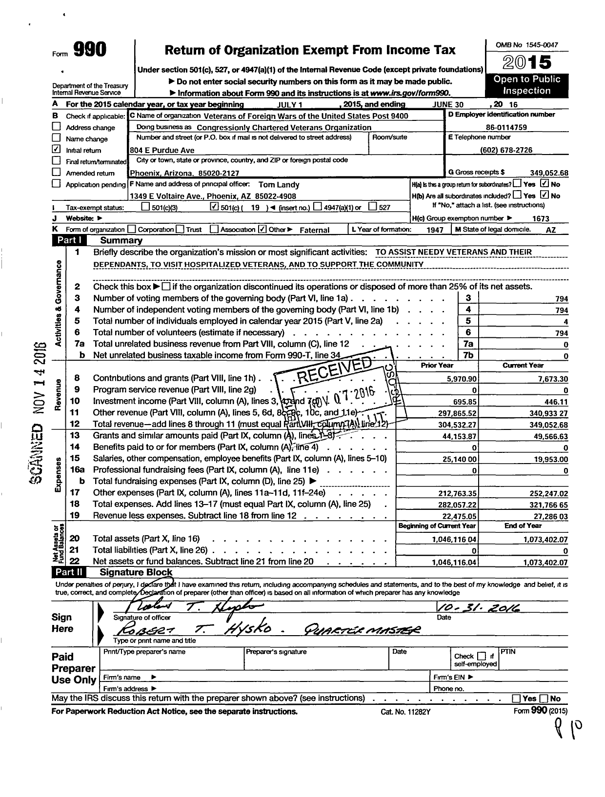 Image of first page of 2015 Form 990O for Veterans of Foreign Wars of Arizona - Congressionally Chartered Veterans Service Org