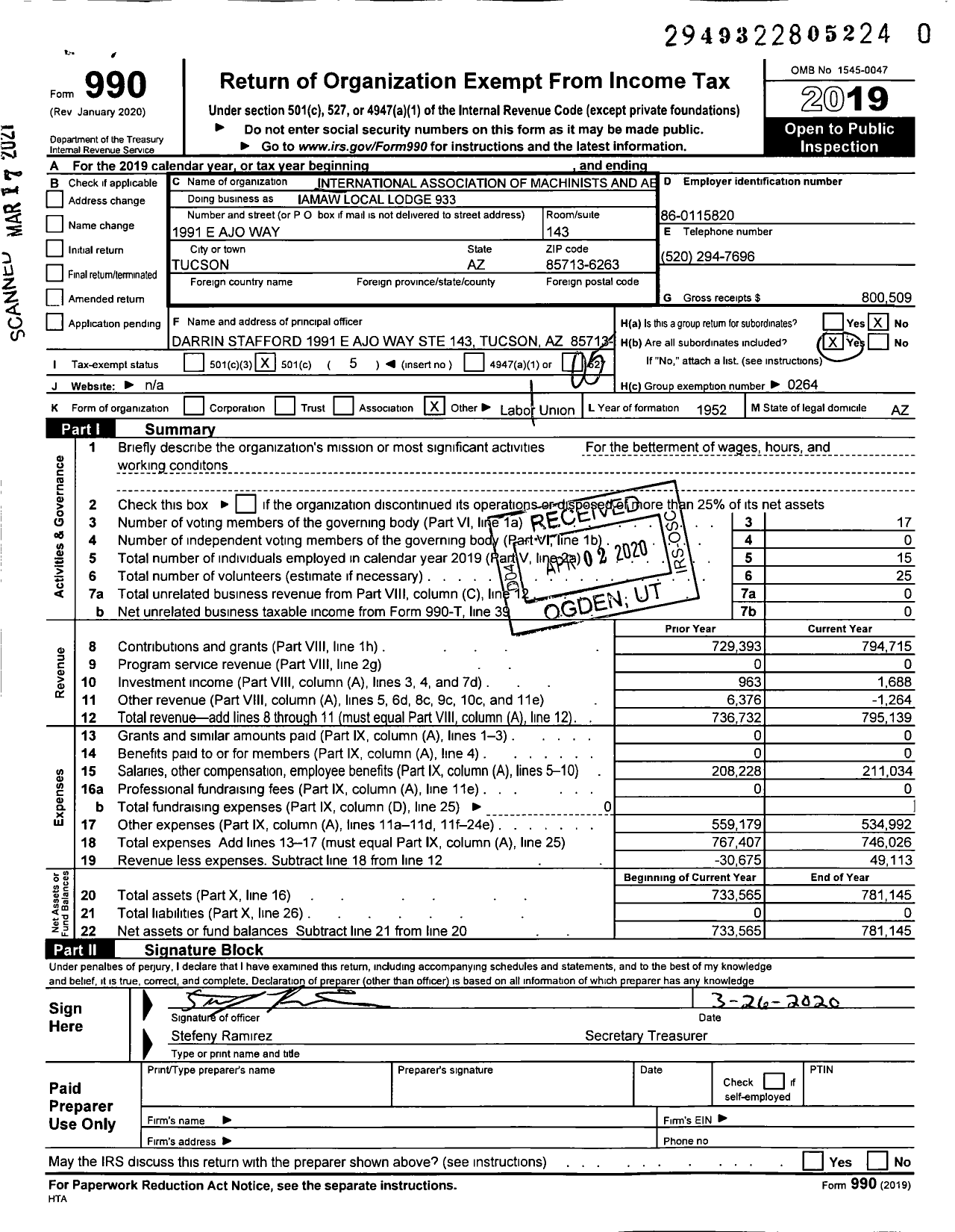 Image of first page of 2019 Form 990O for International Association of Machinists and Aerospace Workers - Iamaw Local Lodge 933