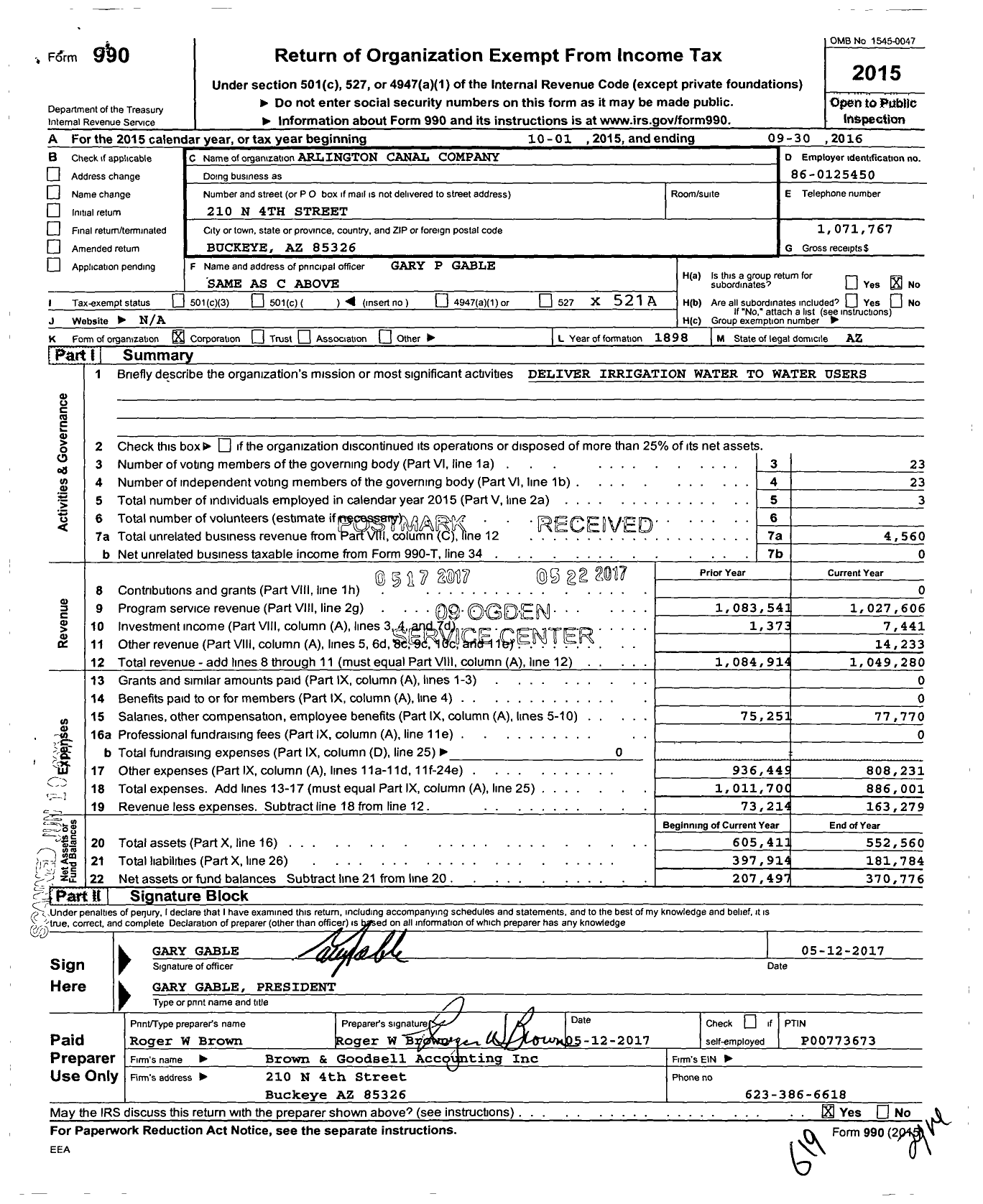 Image of first page of 2015 Form 990O for Arlington Canal Company