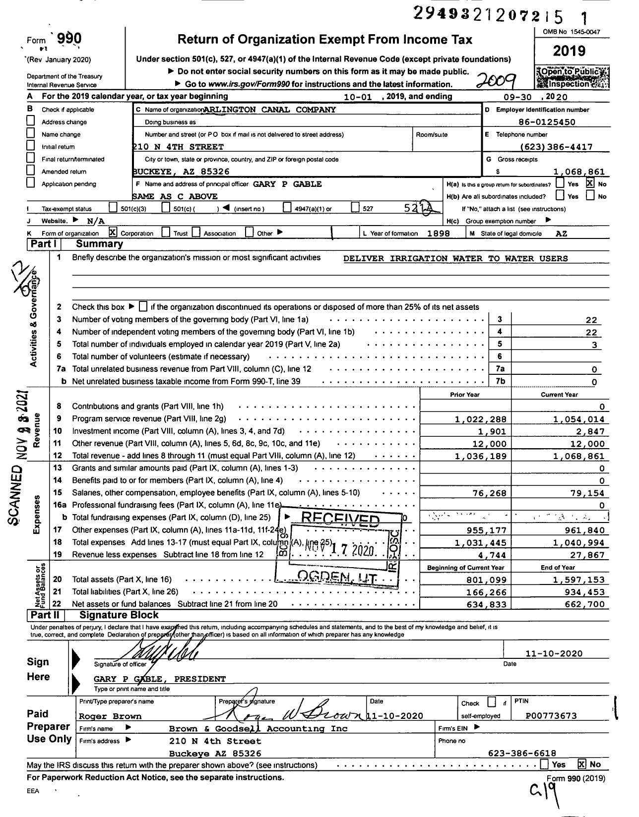 Image of first page of 2019 Form 990O for Arlington Canal Company