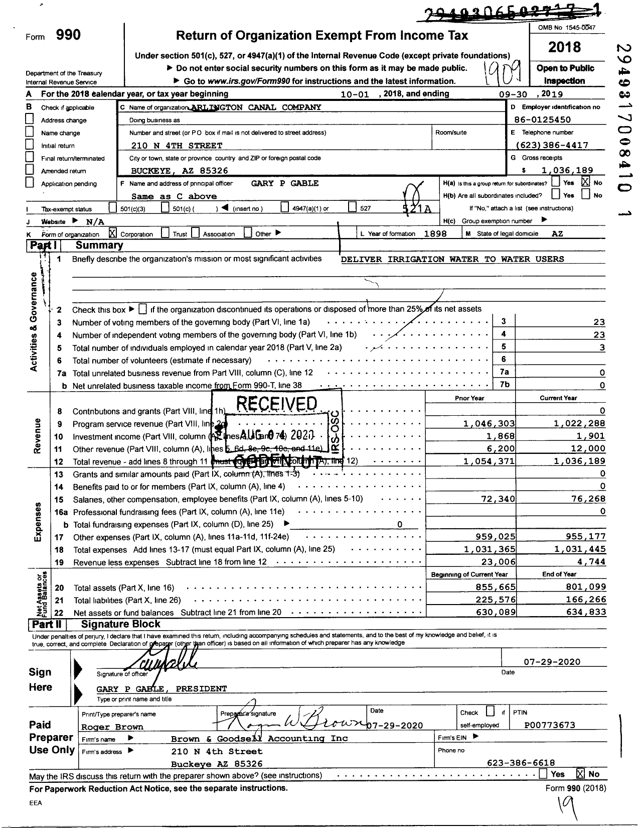 Image of first page of 2018 Form 990O for Arlington Canal Company