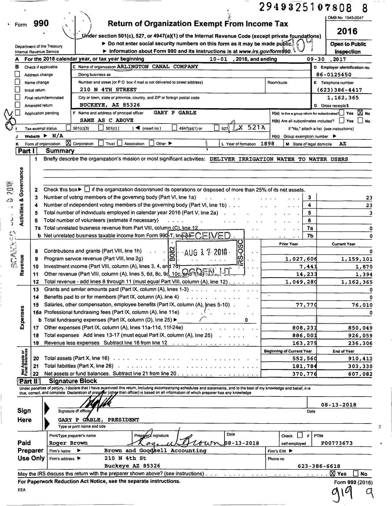 Image of first page of 2016 Form 990O for Arlington Canal Company