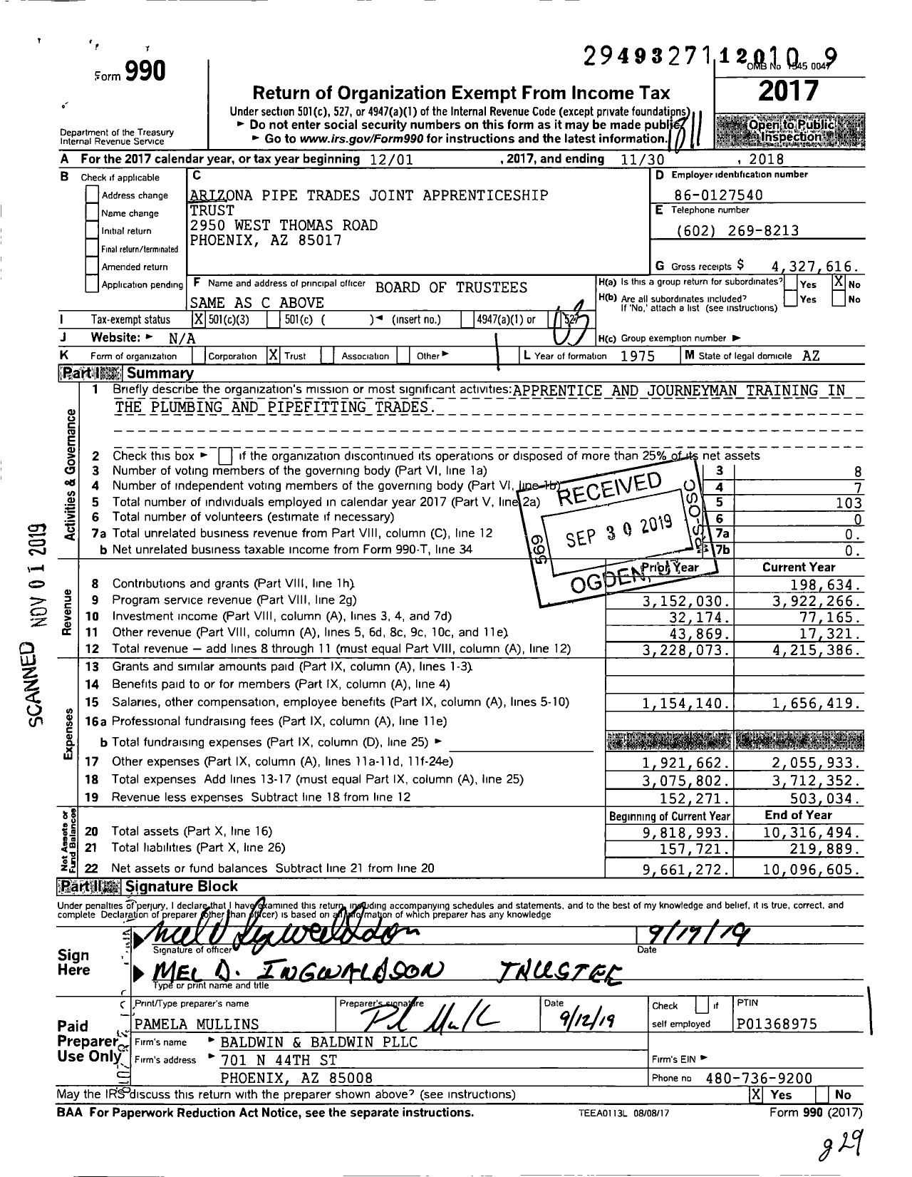 Image of first page of 2017 Form 990 for Arizona Pipe Trades Joint Apprenticeship Trust