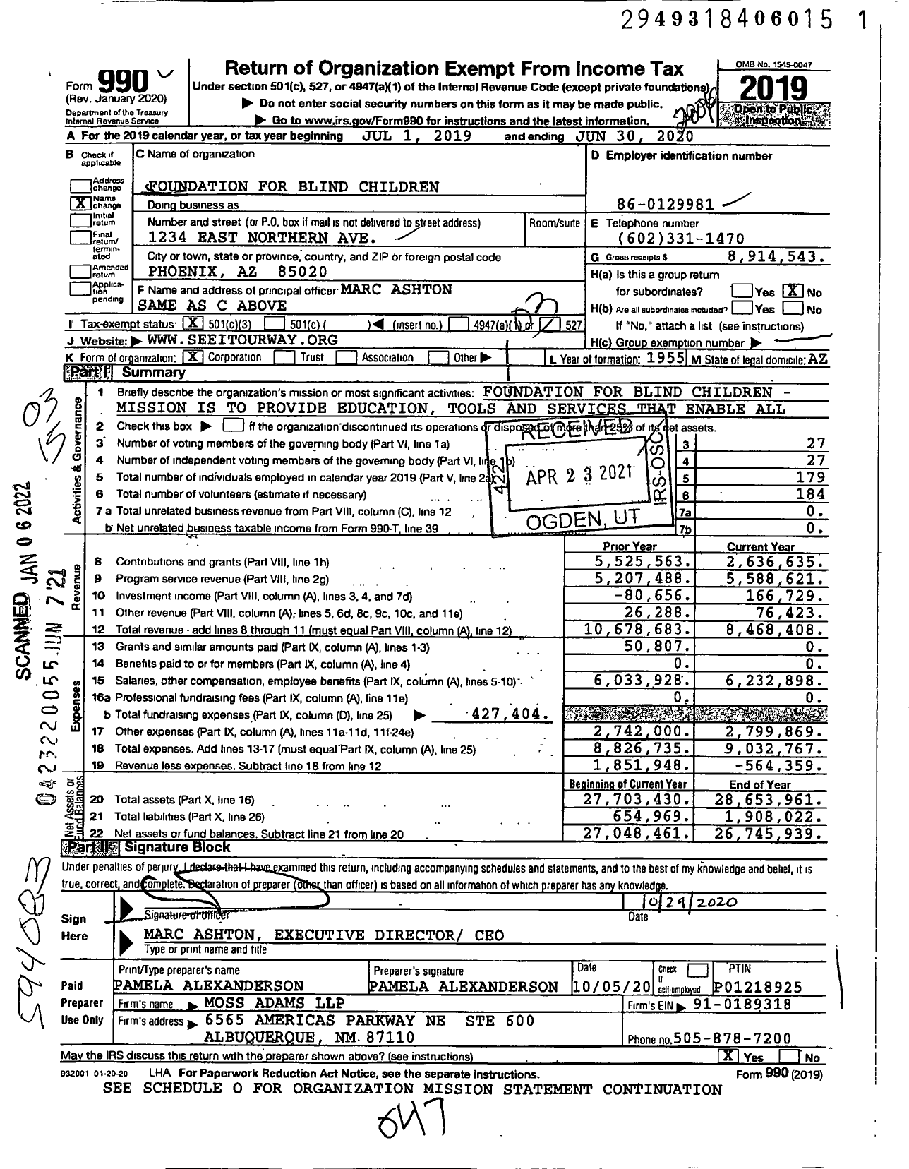 Image of first page of 2019 Form 990 for Foundation for Blind Children