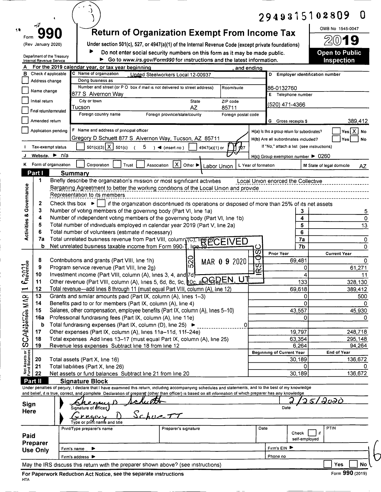 Image of first page of 2019 Form 990O for United Steelworkers - 00937 Local