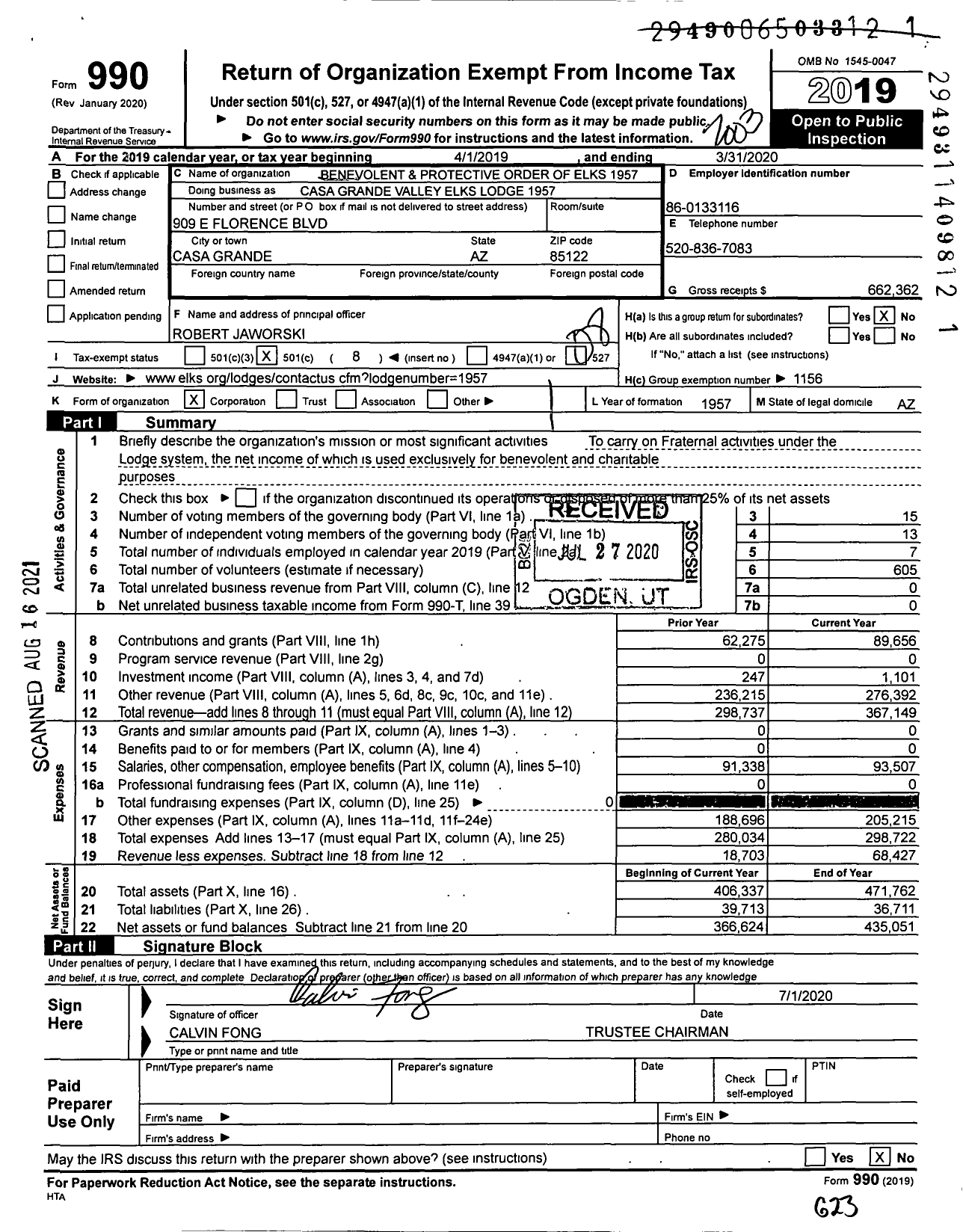 Image of first page of 2019 Form 990O for Benevolent and Protective Order of Elks - Casa Grande Valley Elks Lodge 1957