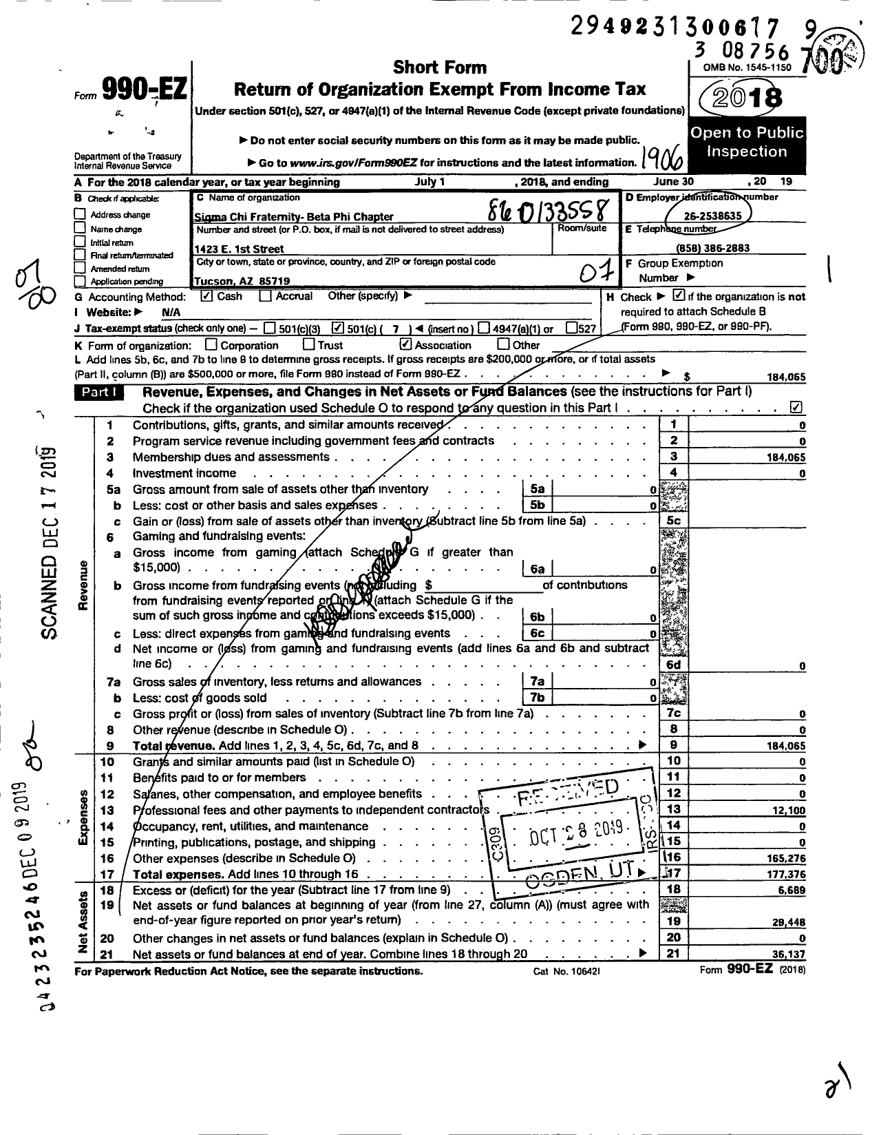 Image of first page of 2018 Form 990EO for Sigma Chi Fraternity - Beta Phi Chapter