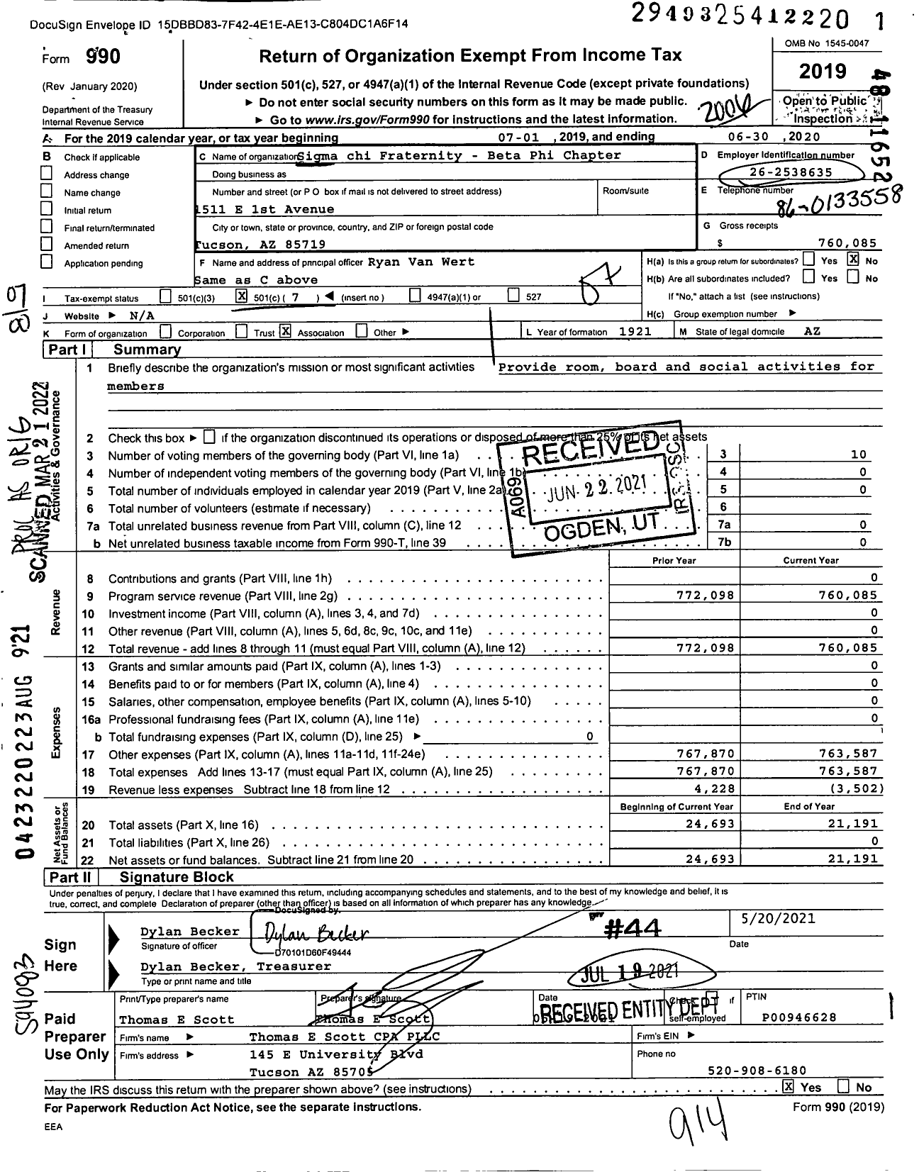 Image of first page of 2019 Form 990O for Sigma Chi Fraternity - Beta Phi Chapter