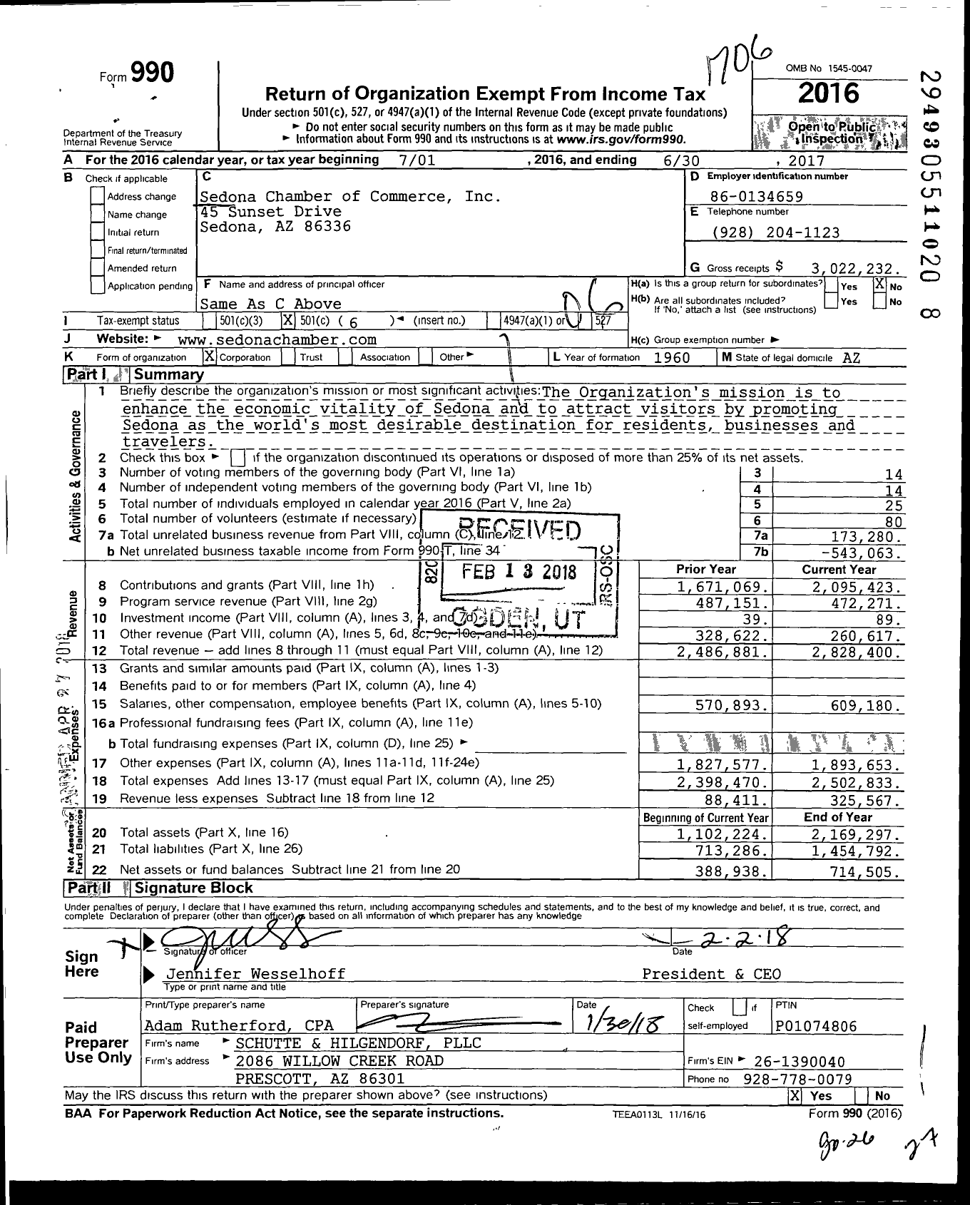 Image of first page of 2016 Form 990O for Sedona Chamber of Commerce