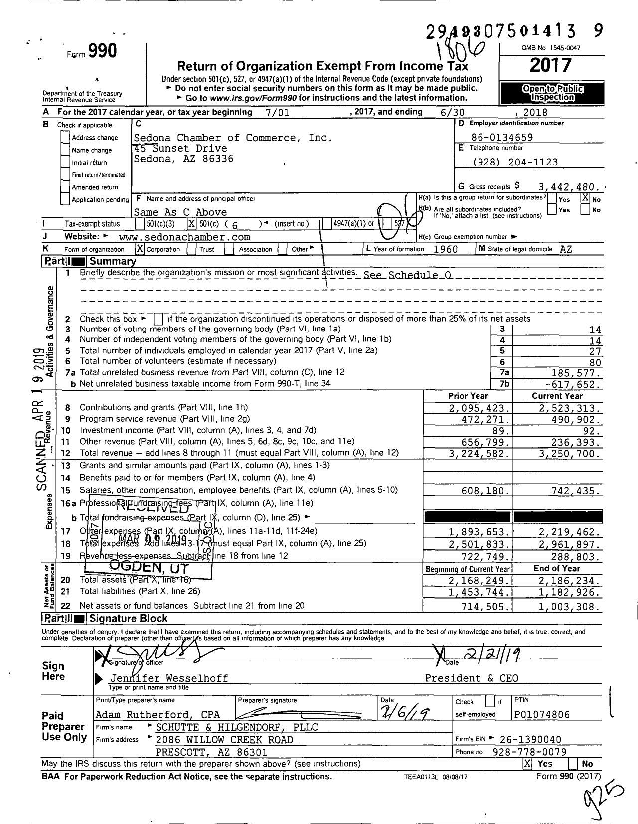 Image of first page of 2017 Form 990O for Sedona Chamber of Commerce