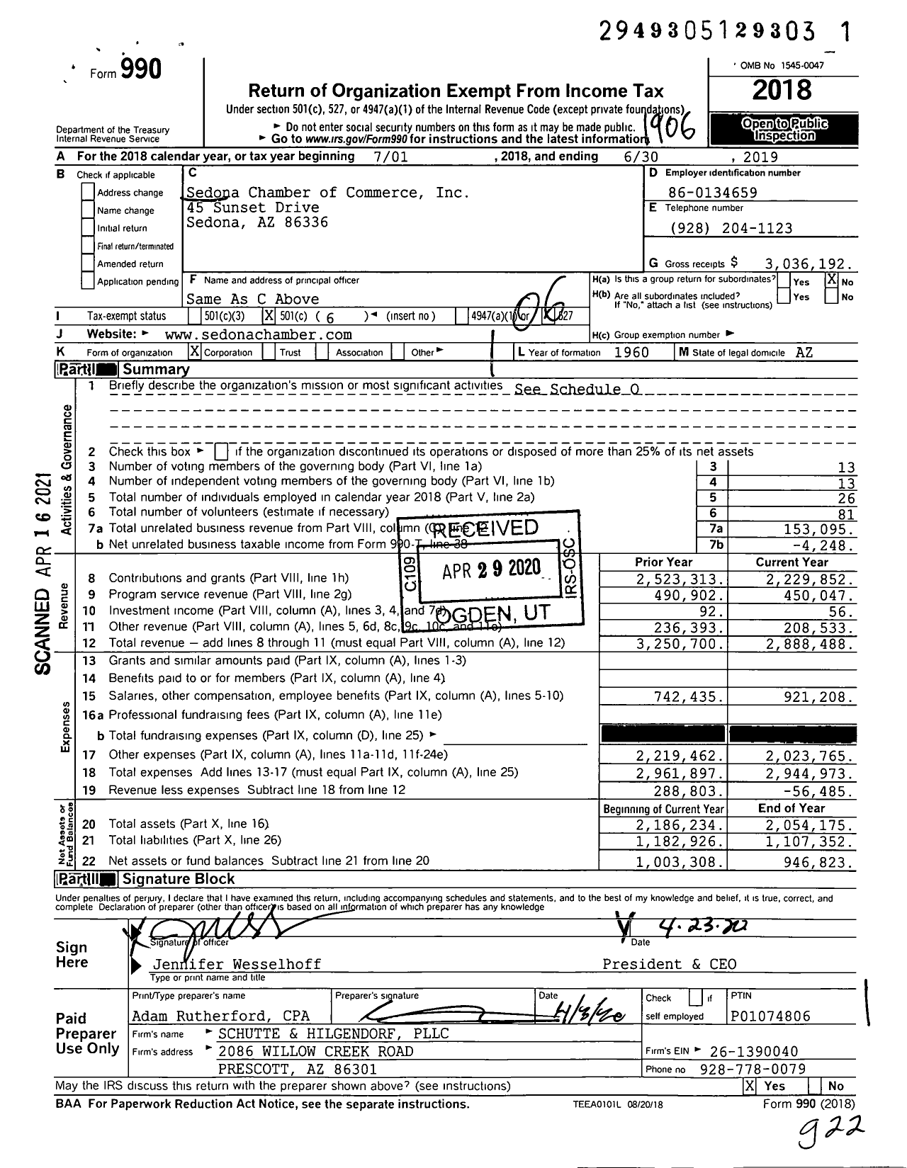 Image of first page of 2018 Form 990O for Sedona Chamber of Commerce