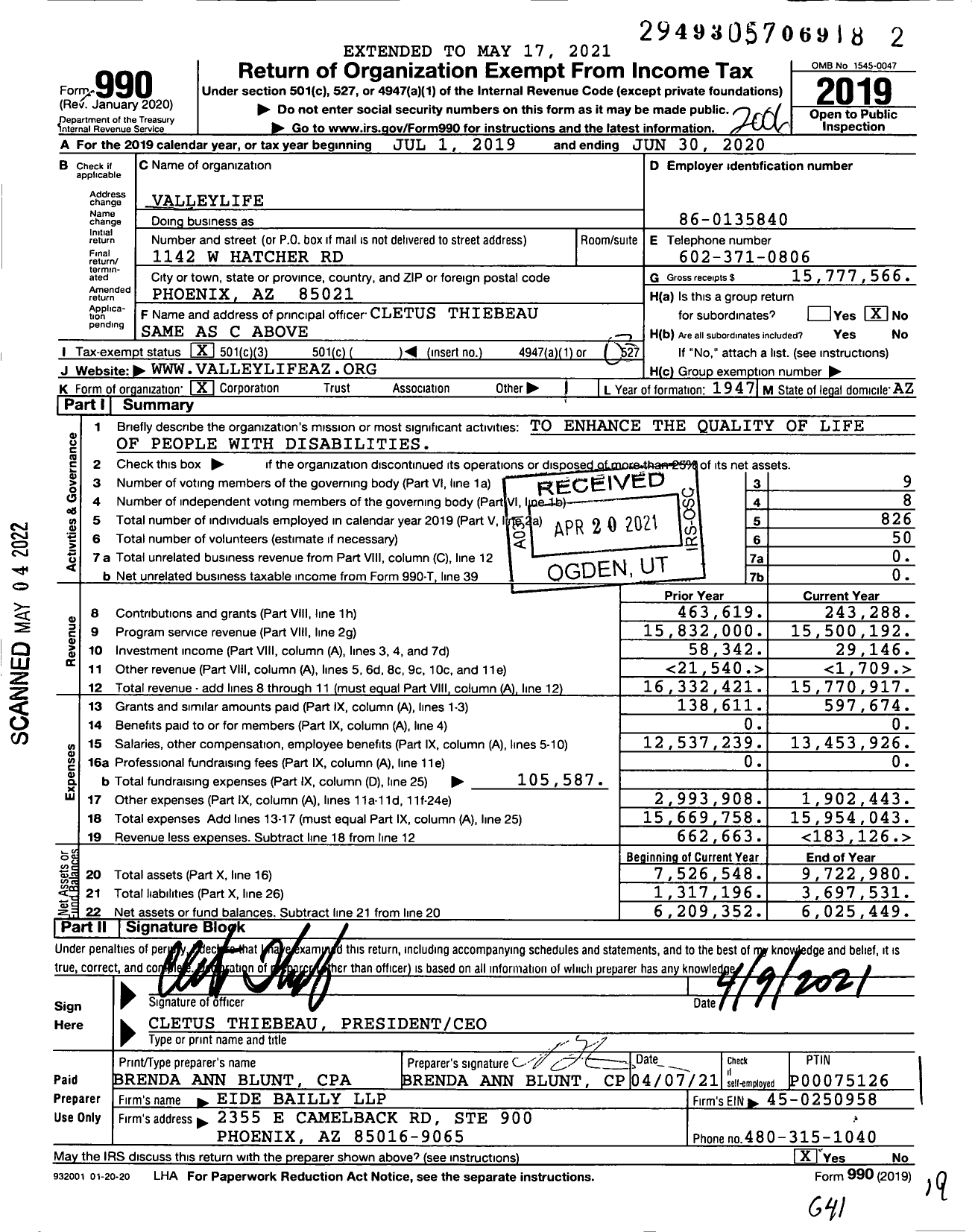 Image of first page of 2019 Form 990 for Valleylife