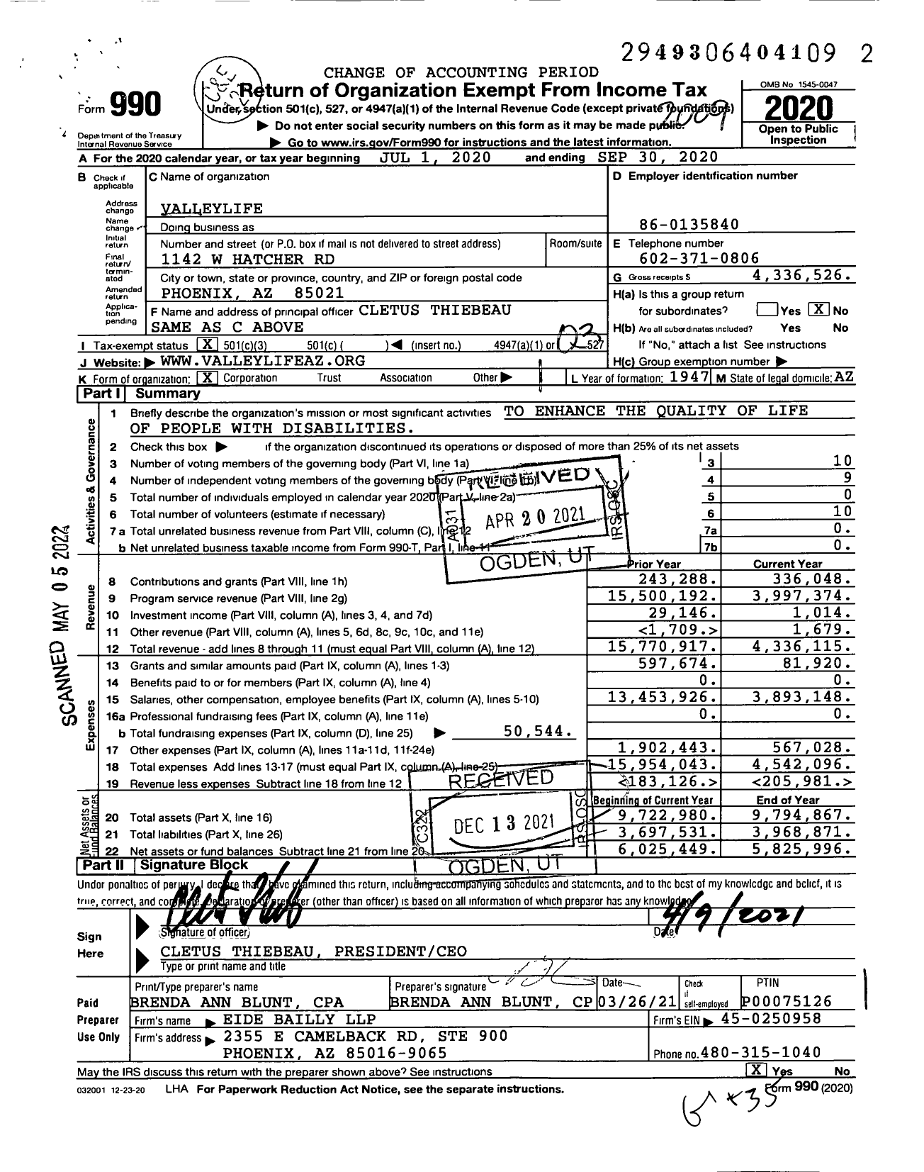 Image of first page of 2019 Form 990 for Valleylife