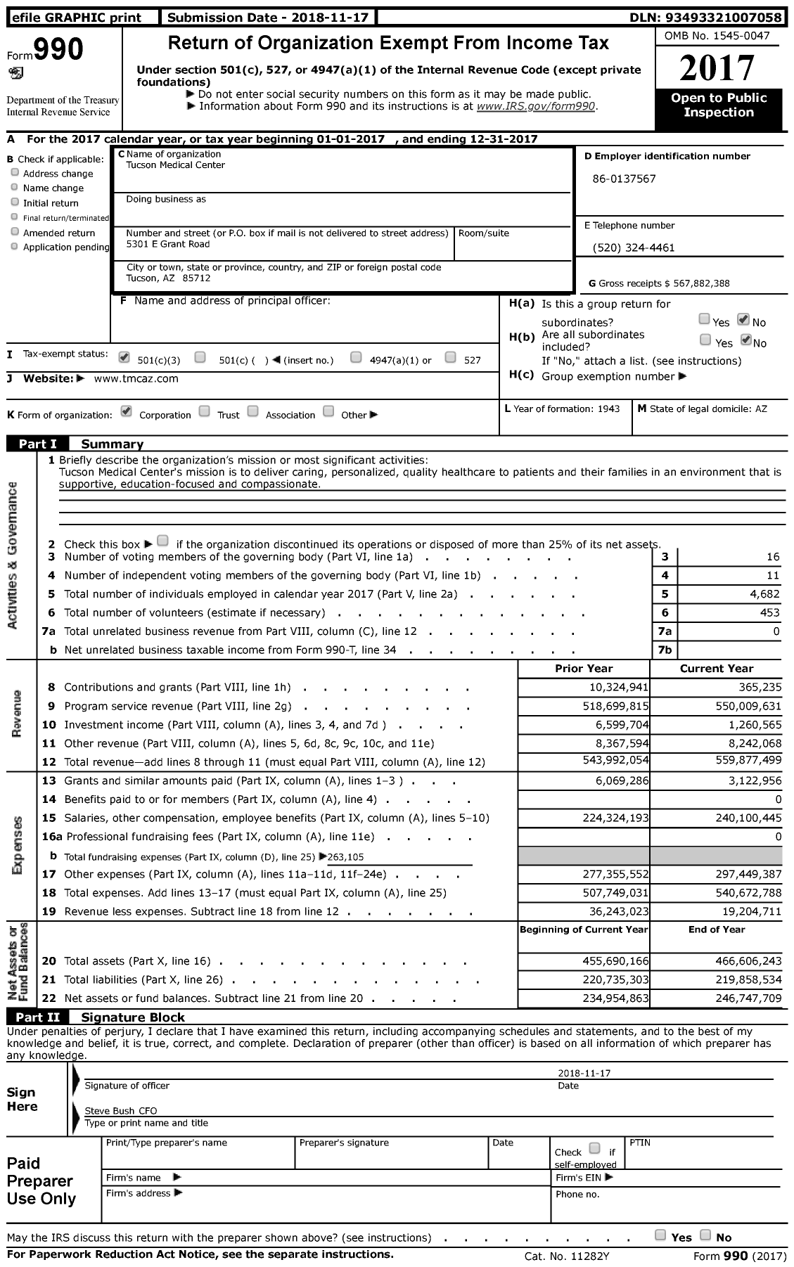 Image of first page of 2017 Form 990 for Tucson Medical Center (TMC)
