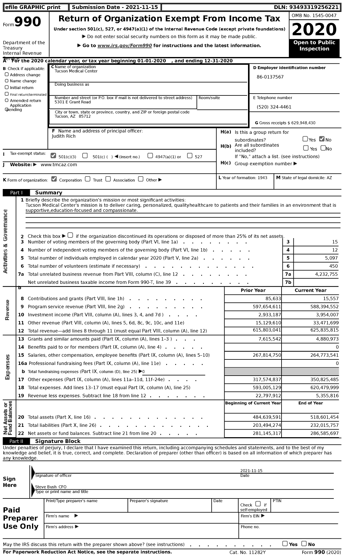 Image of first page of 2020 Form 990 for Tucson Medical Center (TMC)