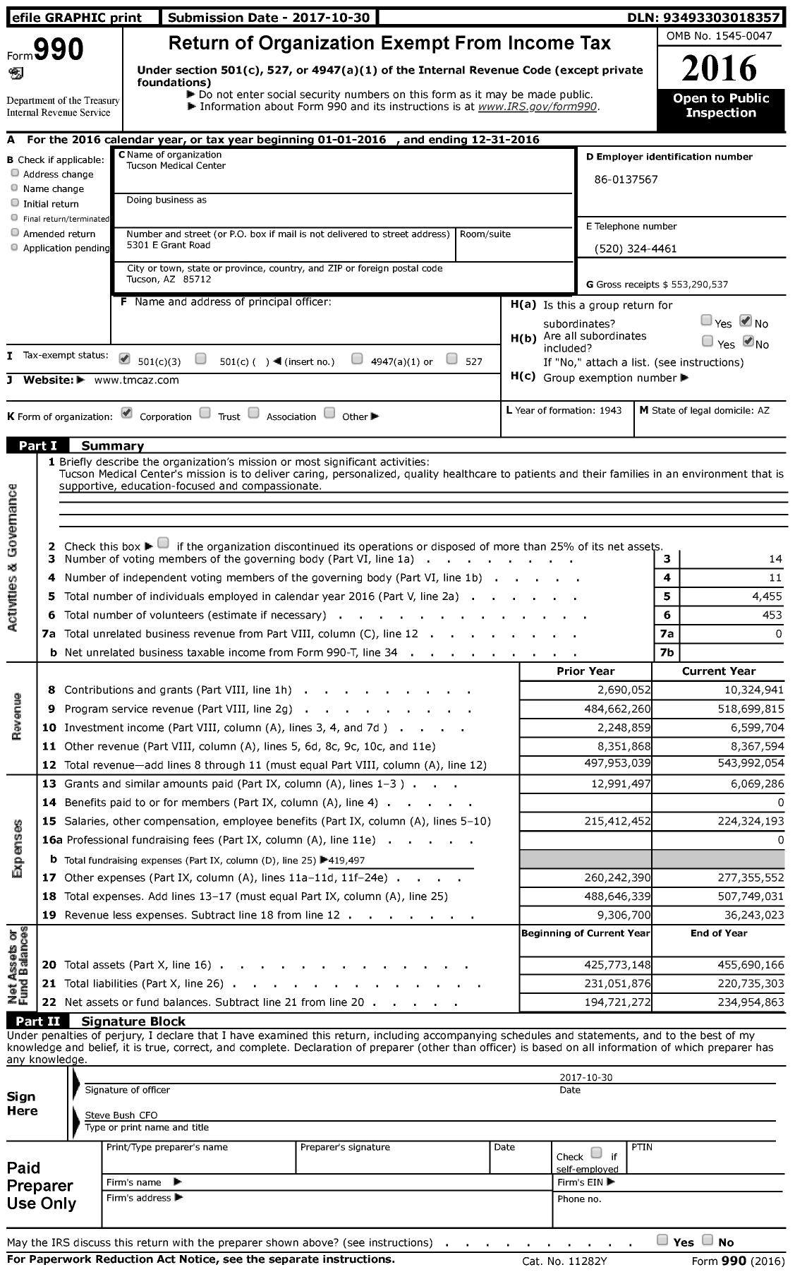 Image of first page of 2016 Form 990 for Tucson Medical Center (TMC)