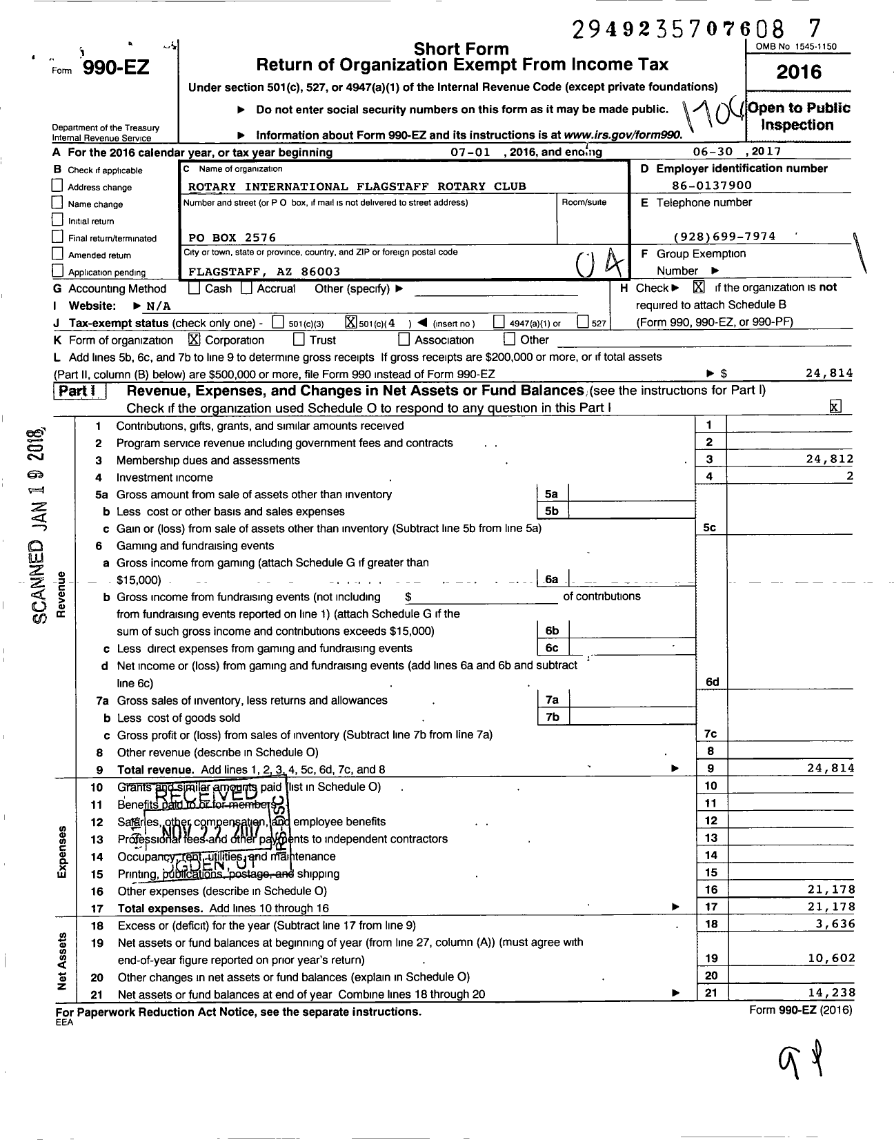 Image of first page of 2016 Form 990EO for Rotary International - Flagstaff Rotary Club