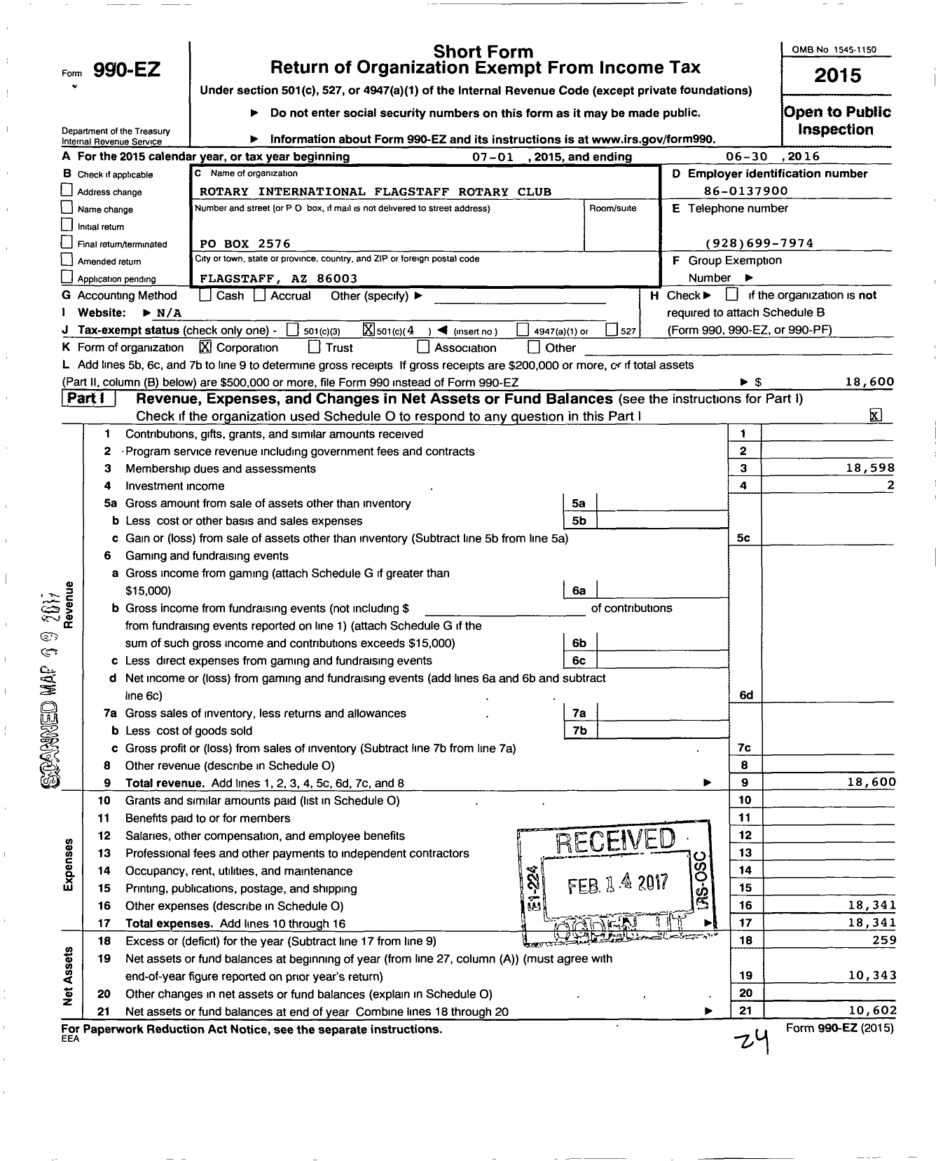 Image of first page of 2015 Form 990EO for Rotary International - Flagstaff Rotary Club