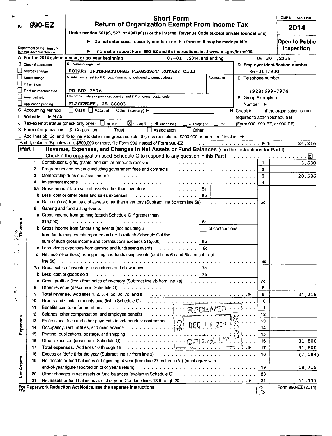 Image of first page of 2014 Form 990EO for Rotary International - Flagstaff Rotary Club