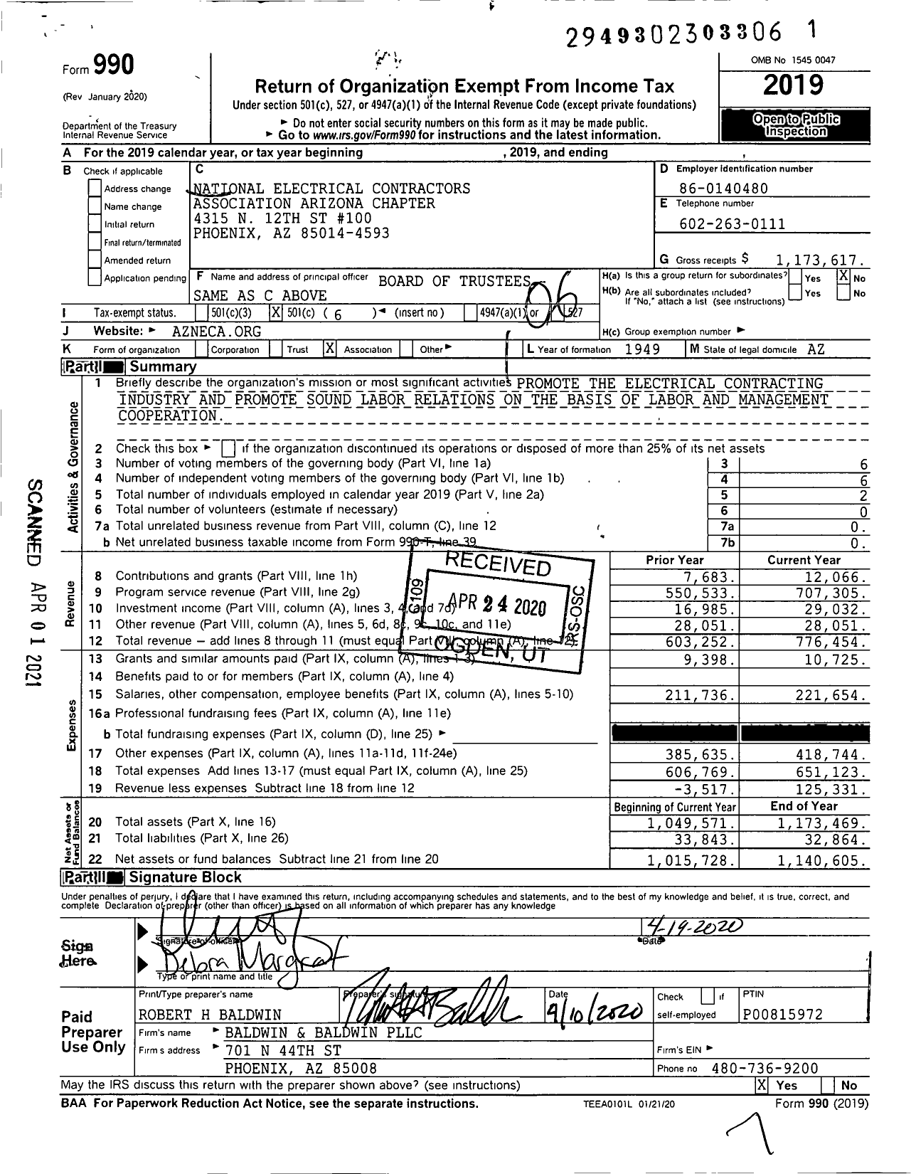 Image of first page of 2019 Form 990O for National Electrical Contractors Association Arizona Chapter