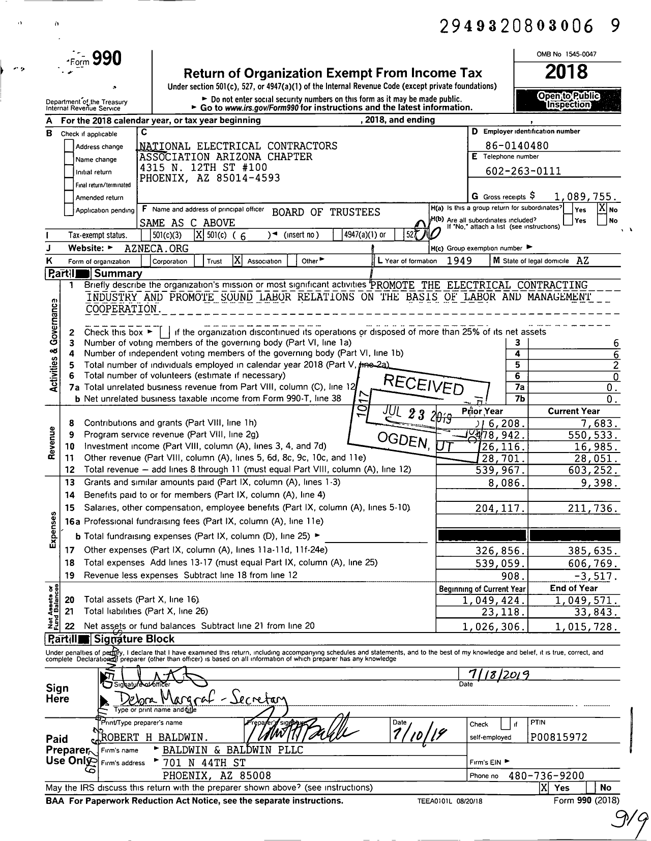 Image of first page of 2018 Form 990O for National Electrical Contractors Association Arizona Chapter
