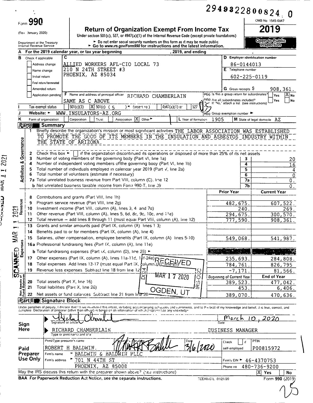 Image of first page of 2019 Form 990O for International Association of Heat and Frost Insulators and Allied Workers - 73 Local Allied Workers Afl-Cio1841