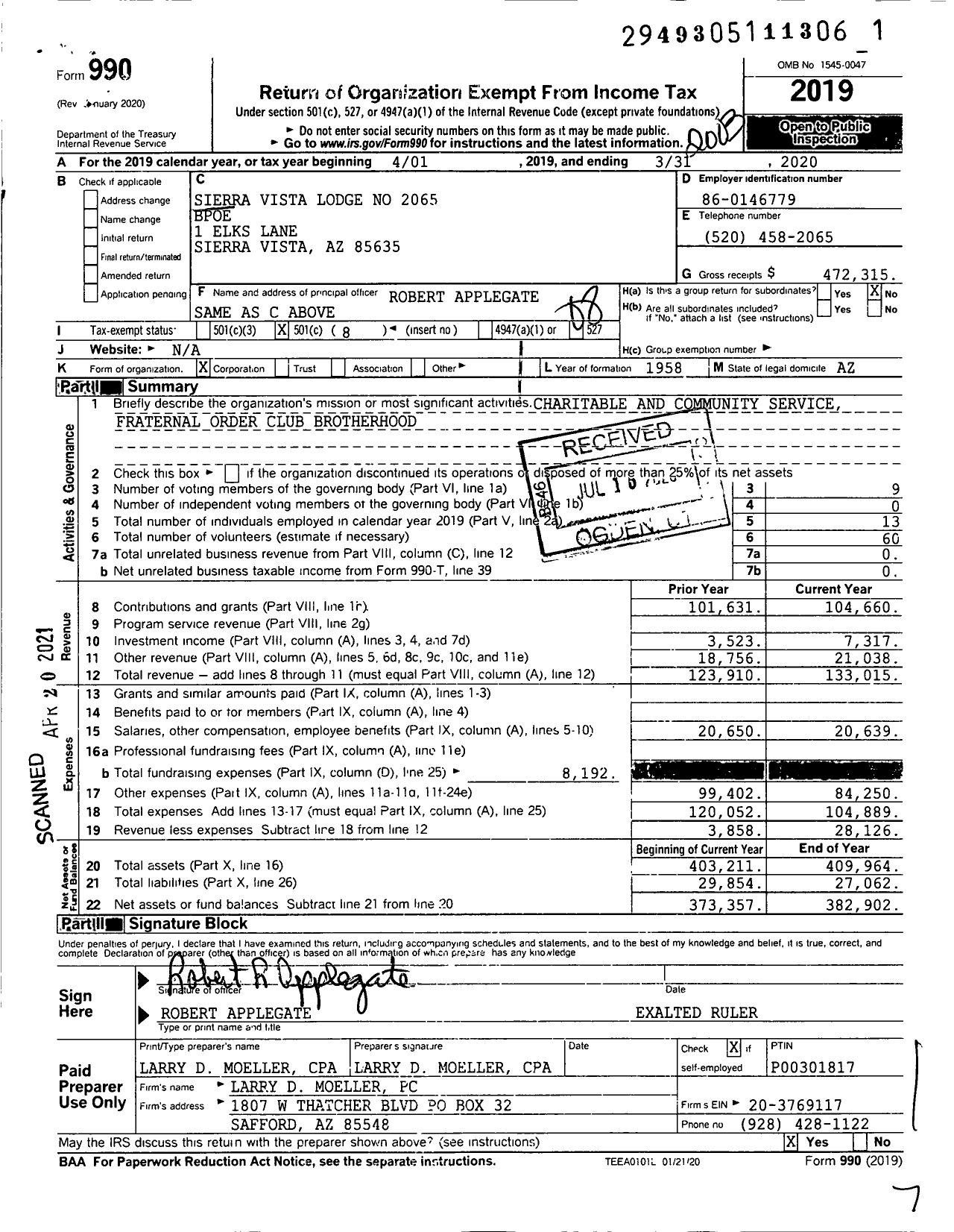 Image of first page of 2019 Form 990O for Sierra Vista Lodge No 2065 BPOE