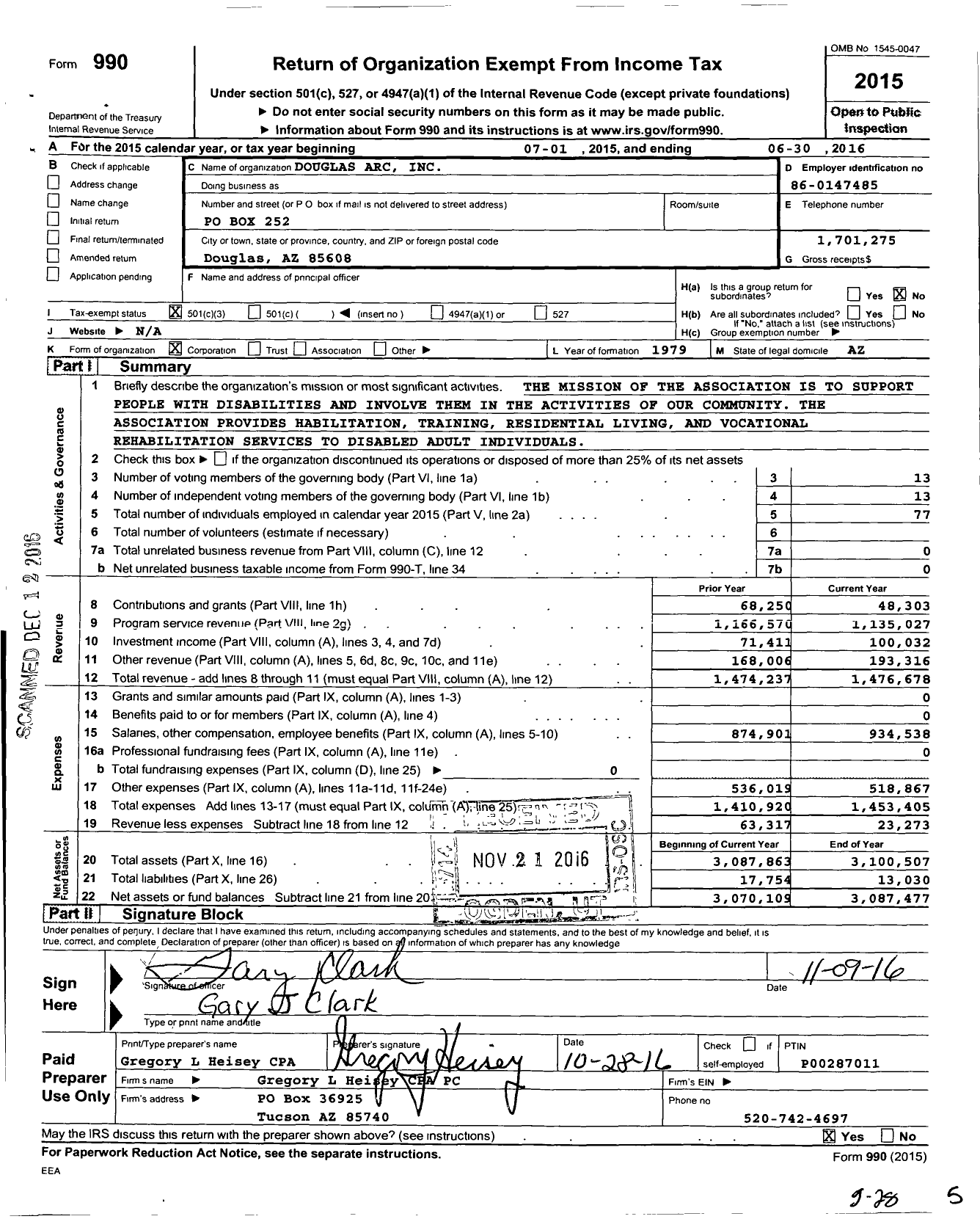 Image of first page of 2015 Form 990 for Douglas Arc