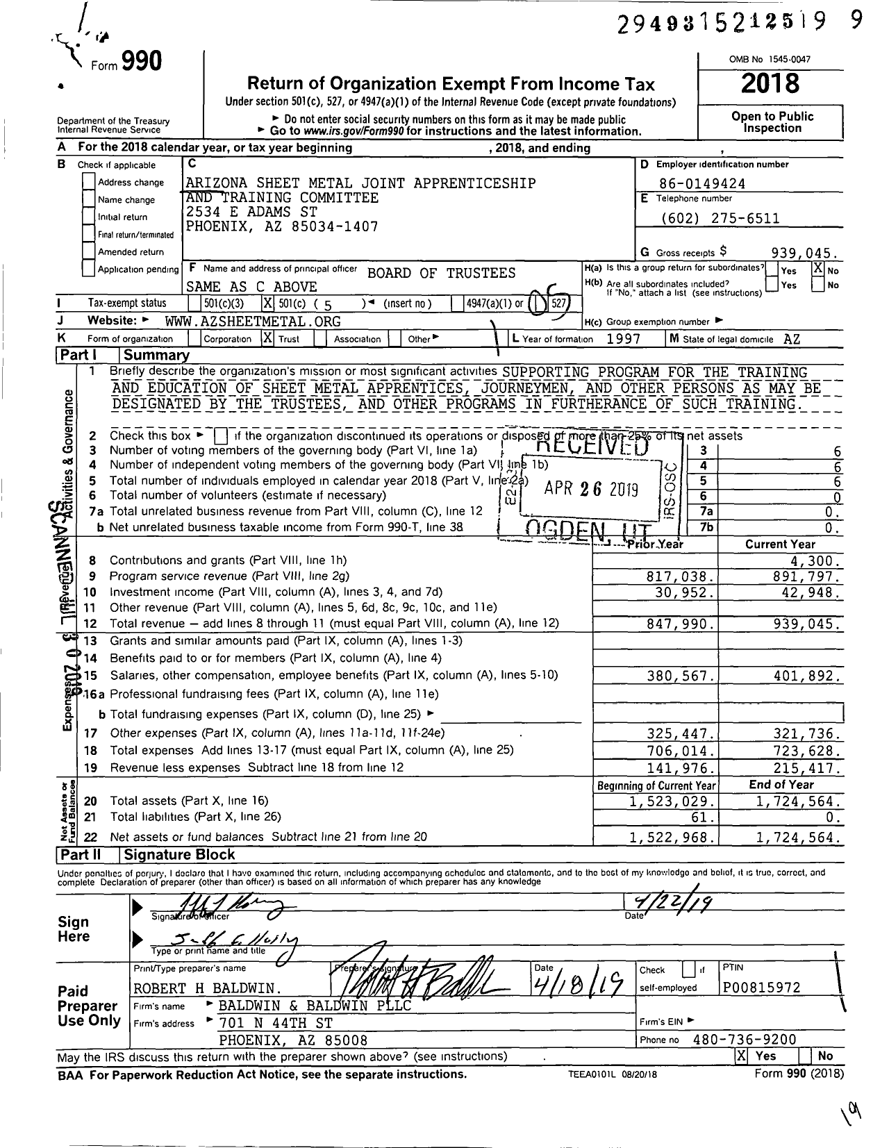 Image of first page of 2018 Form 990O for Arizona Sheet Metal Joint Apprenticeship and Training Committee