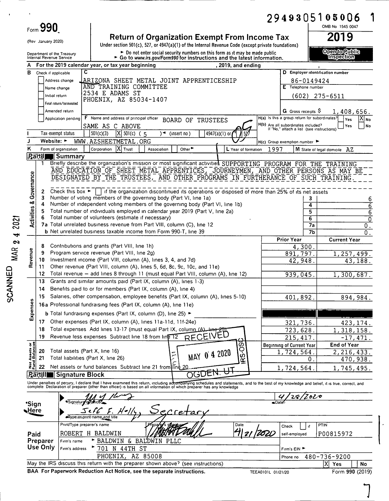 Image of first page of 2019 Form 990O for Arizona Sheet Metal Joint Apprenticeship and Training Committee