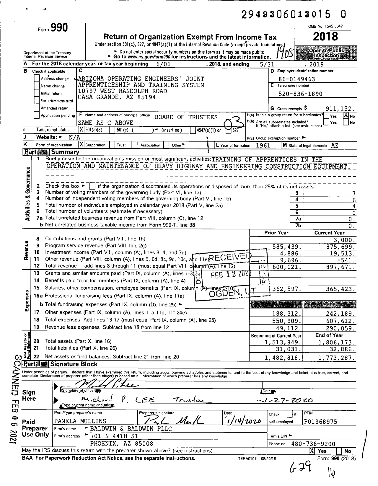 Image of first page of 2018 Form 990 for Arizona Operating Engineers Joint Apprenticeship and Training System