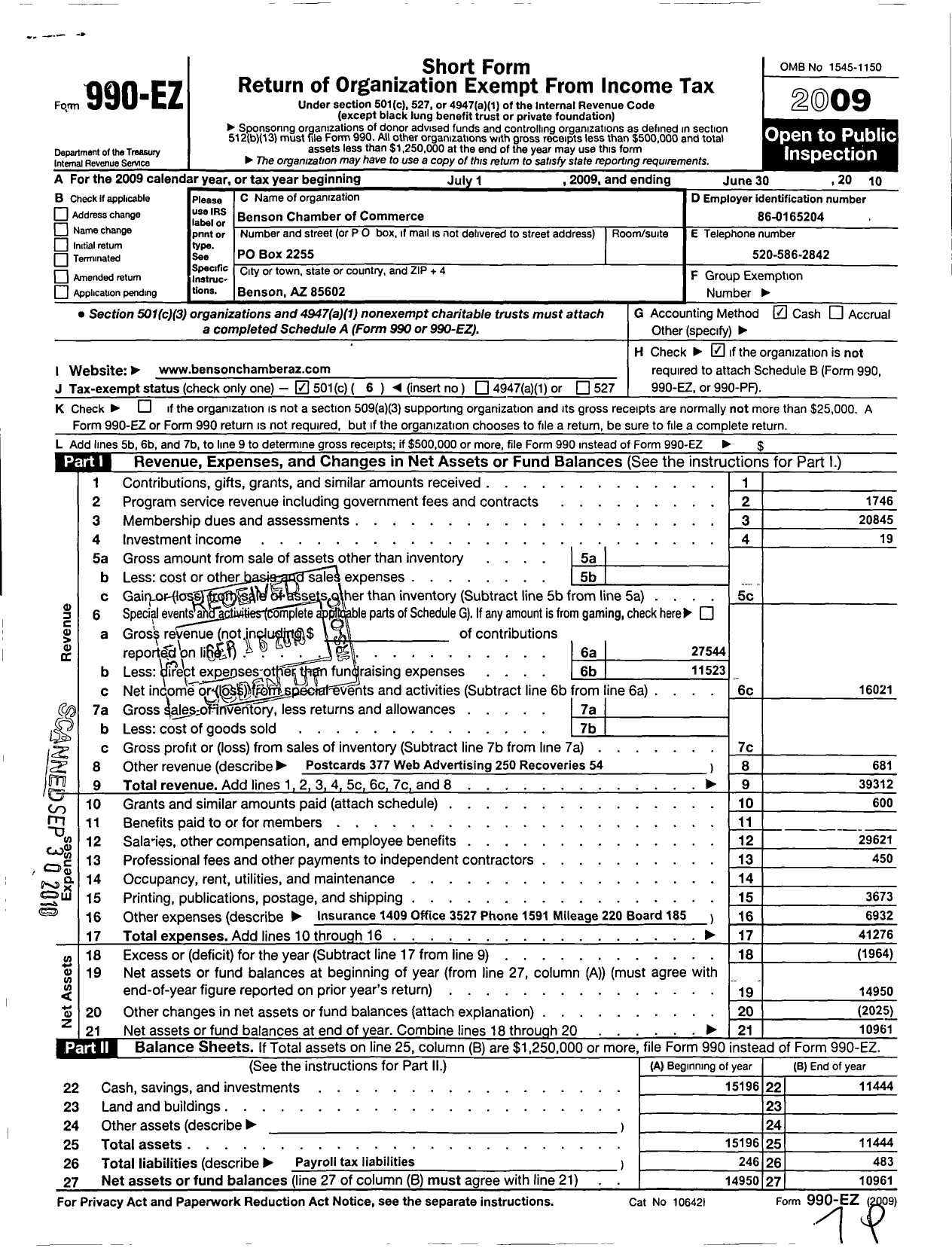 Image of first page of 2009 Form 990EO for Benson Chamber of Commerce