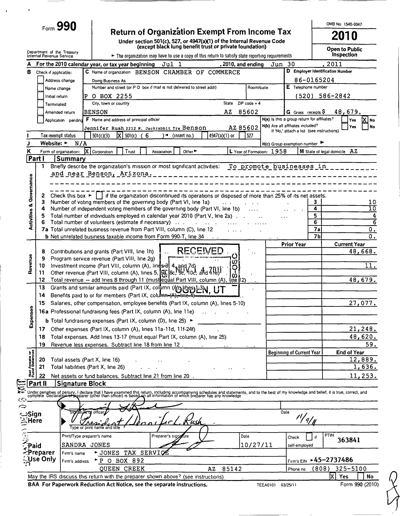 Image of first page of 2010 Form 990O for Benson Chamber of Commerce