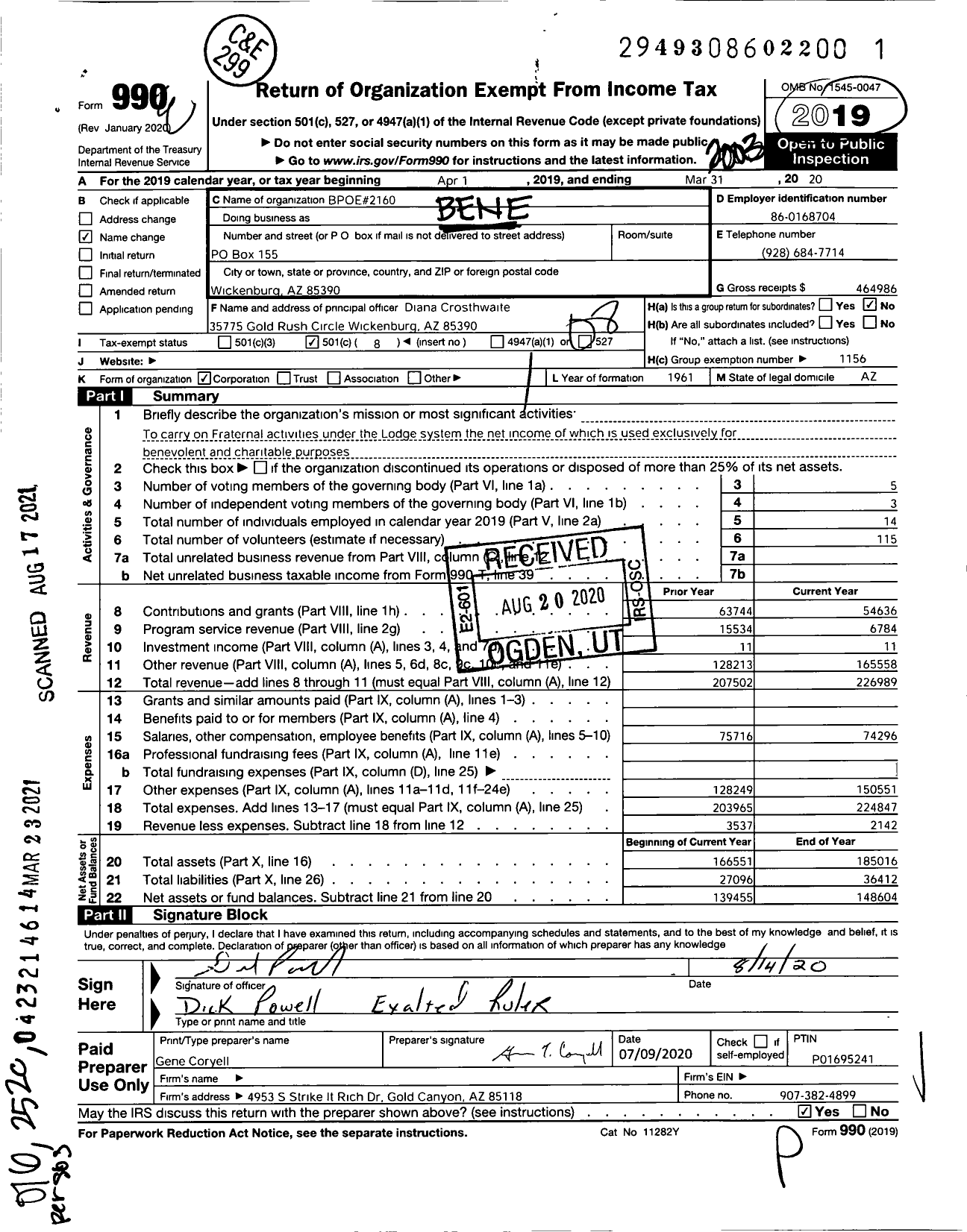 Image of first page of 2019 Form 990O for Benevolent and Protective Order of Elks - BPOE Wickenburg Lodge 2160